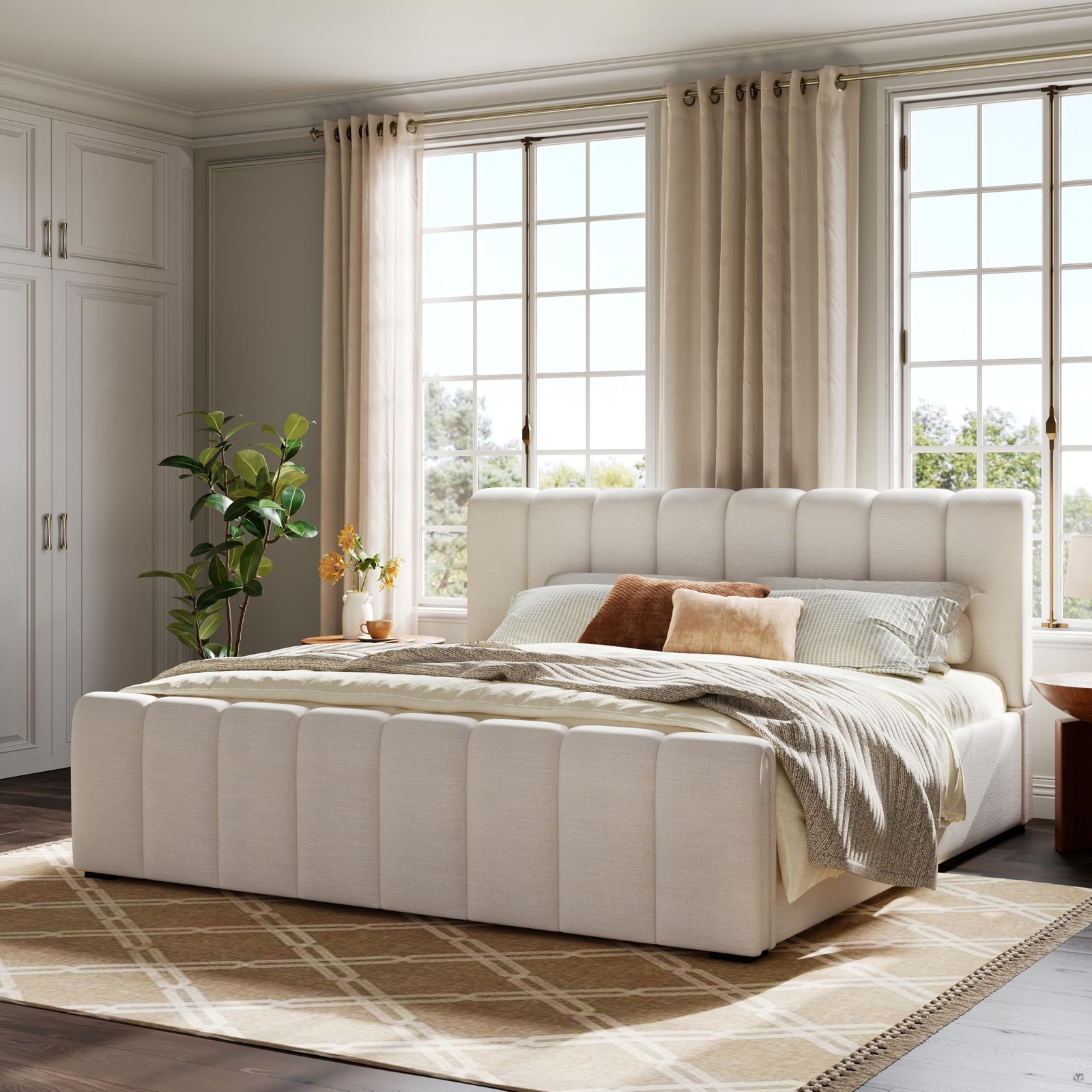 California King Size Boucle Platform Bed with Thick Headboard and Footboar