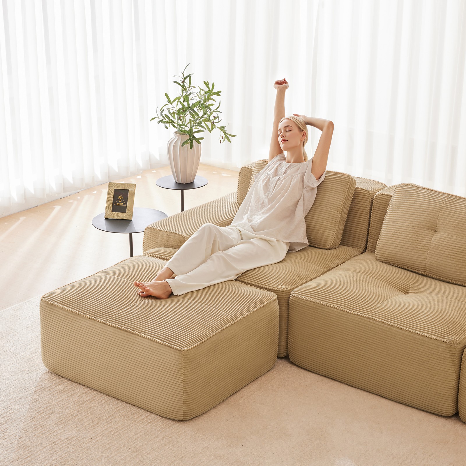 117 Inch Modern L Shaped Corduroy Sofa Camel 3 Seat Deep Plush Comfy Couch