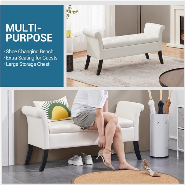 Faux Leather Upholstered Vintage Bench with Rolled Armrests and legs, White,Used