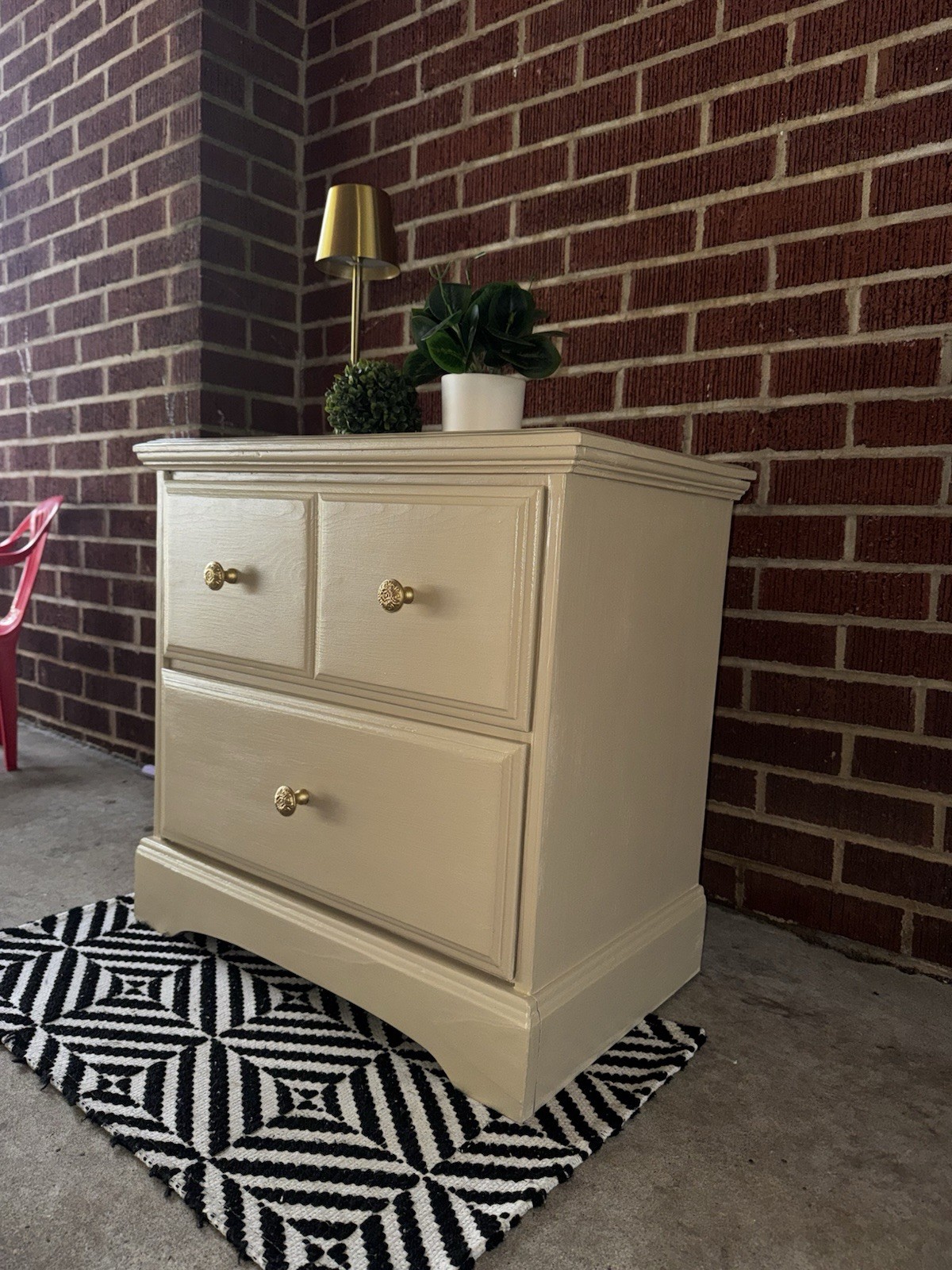 Tan Painted Wood Nightstand w/ Storage, 3 Drawers, Metal Knob Handles