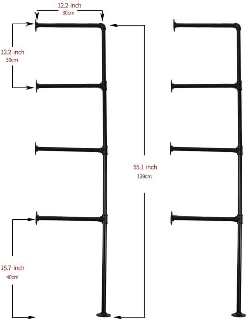 Industrial Pipe Shelving System with 4 Tiers, Black Iron Wall Mount, Floor to Ce
