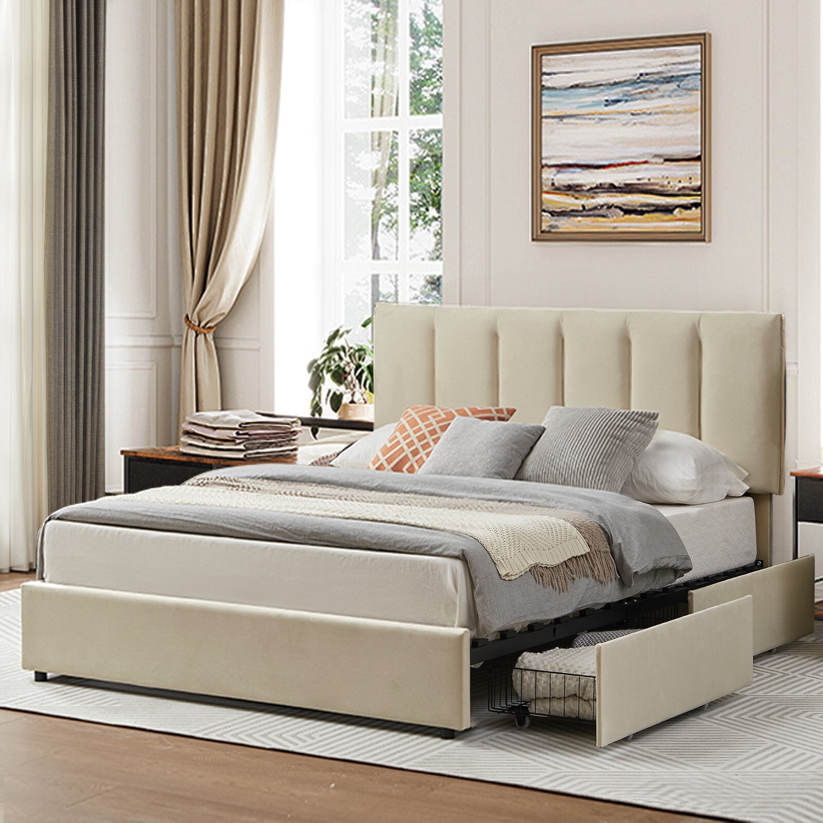 VECELO Twin Full Queen Bed Frame Platform with Upholstered Headboard Wooden Slat