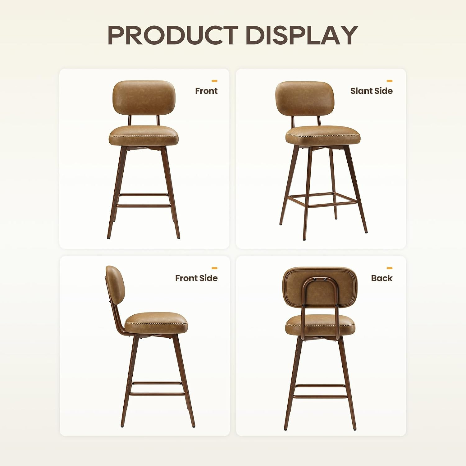 Mid Century 26″ PU Leather Swivel Bar Stools Set of 2, Brown Metal Legs