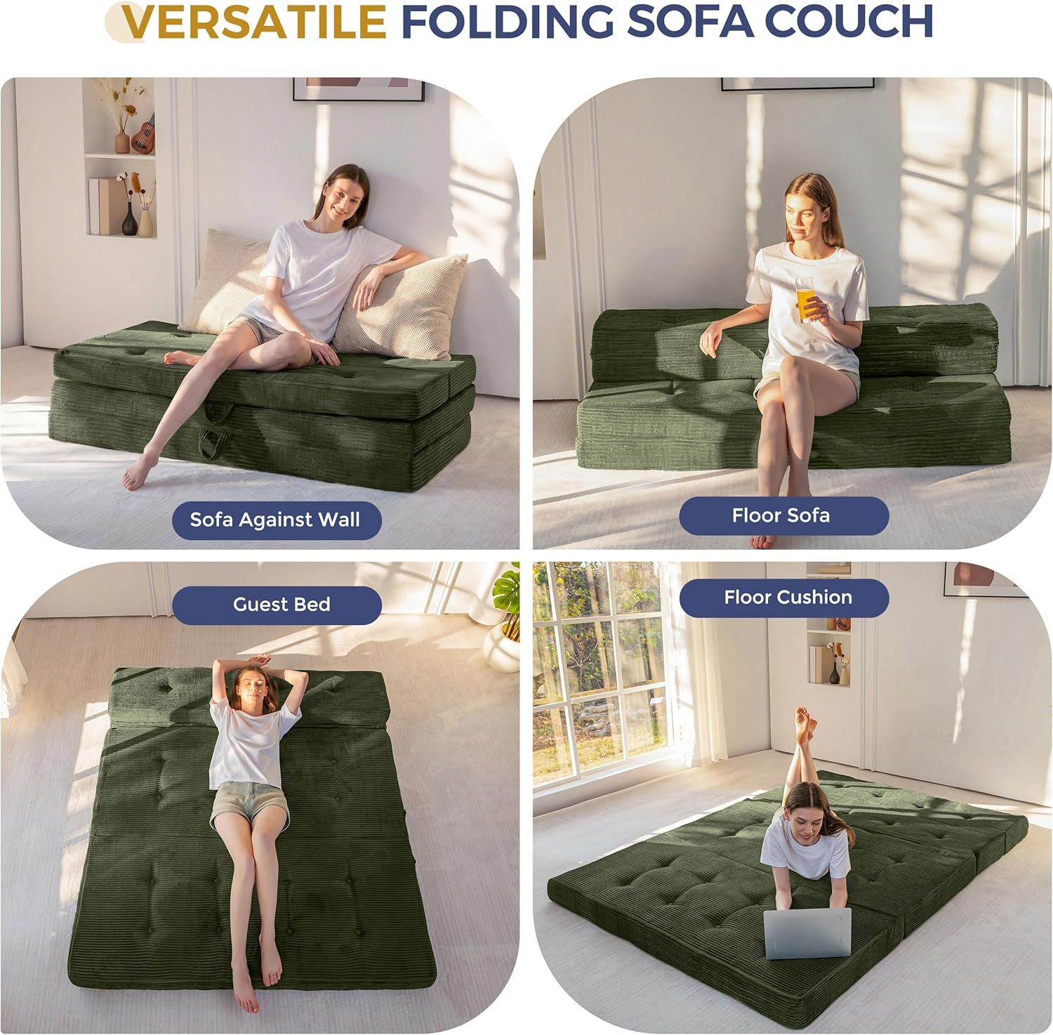Foldable Sofa Couch Bed, 4 Inch Tufted Folding Couch, Portable Floor Couch with