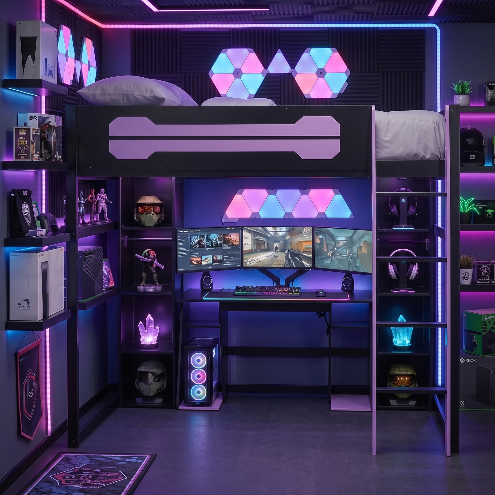 Full Gaming Loft Bed with Desk & Wardrobe,RGB LED Light Wooden Loft Bed Frames