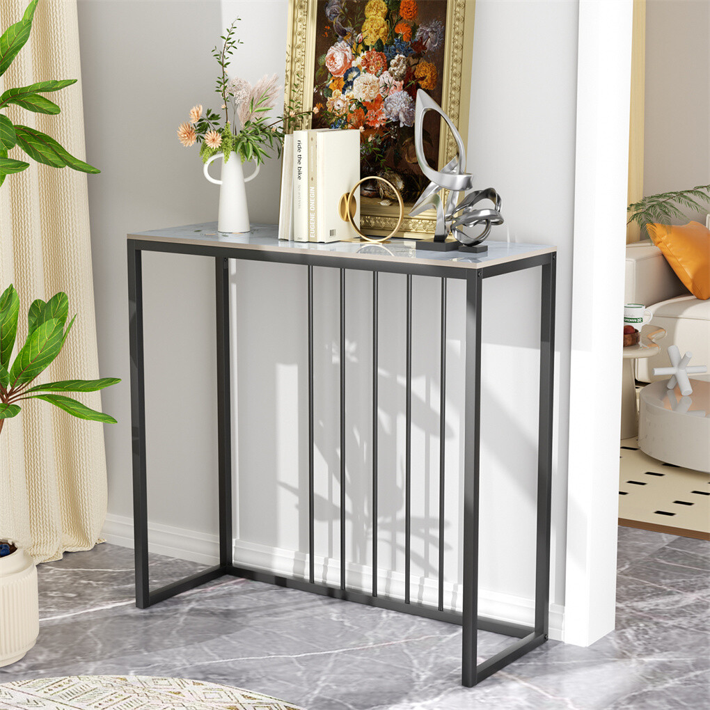 80CM Sintered Stone Console Table Storage Table Behind Sofa w/ Black Metal Frame