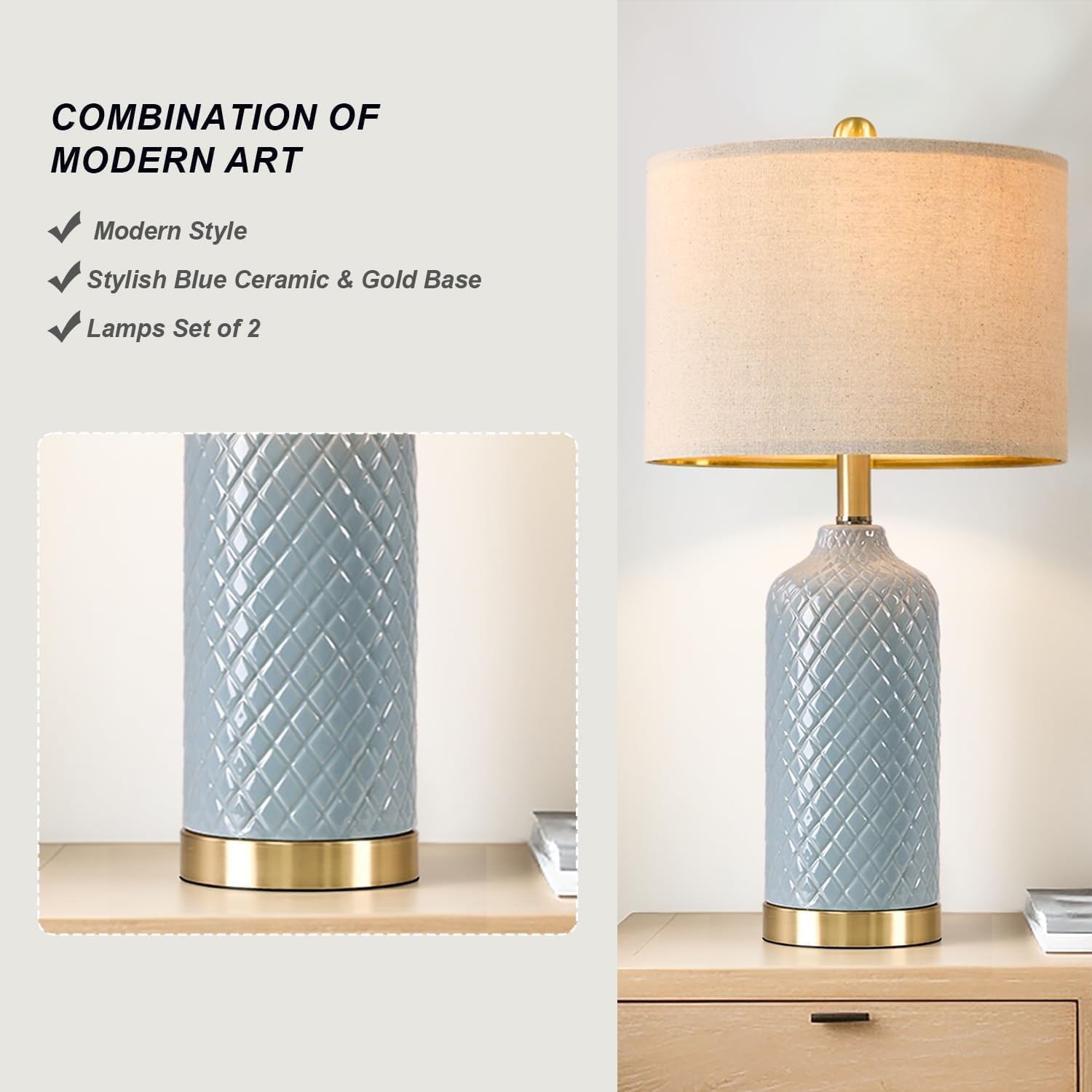 24.25″ Modern Blue Ceramic Table Lamp for Living Room Bedroom Office