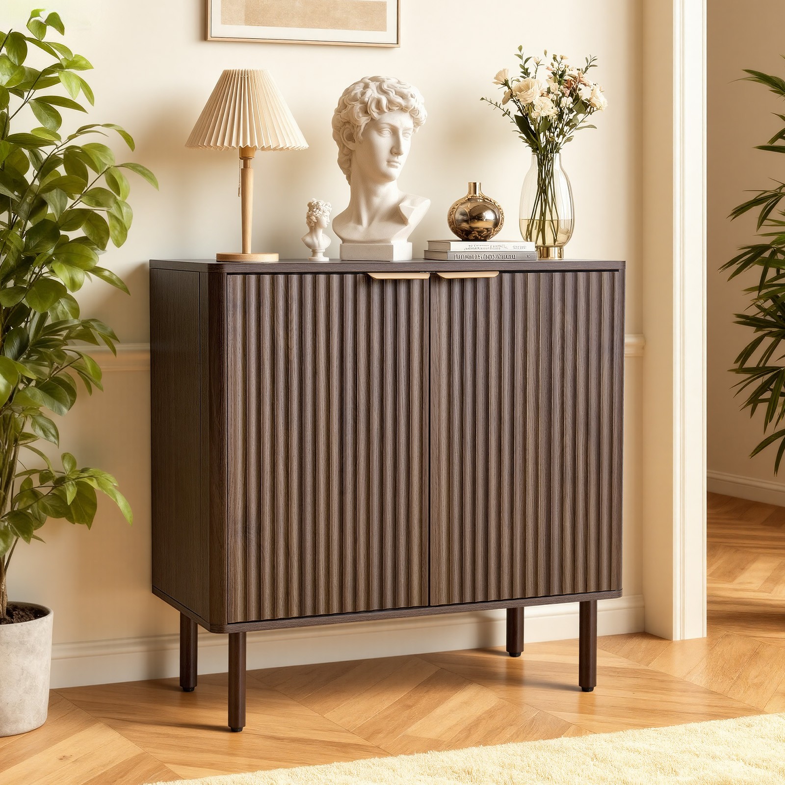 Uimoso Mid-Century Coffee Bar Cabinet with Fluted Design and Sliding Barn Doors