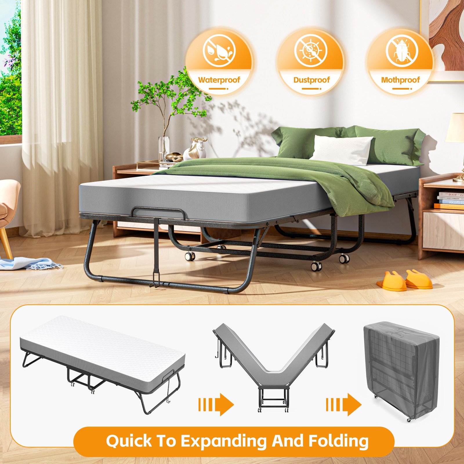 Folding Bed with Mattress, Roll Away Beds with Mattress for Adults, Single Co…