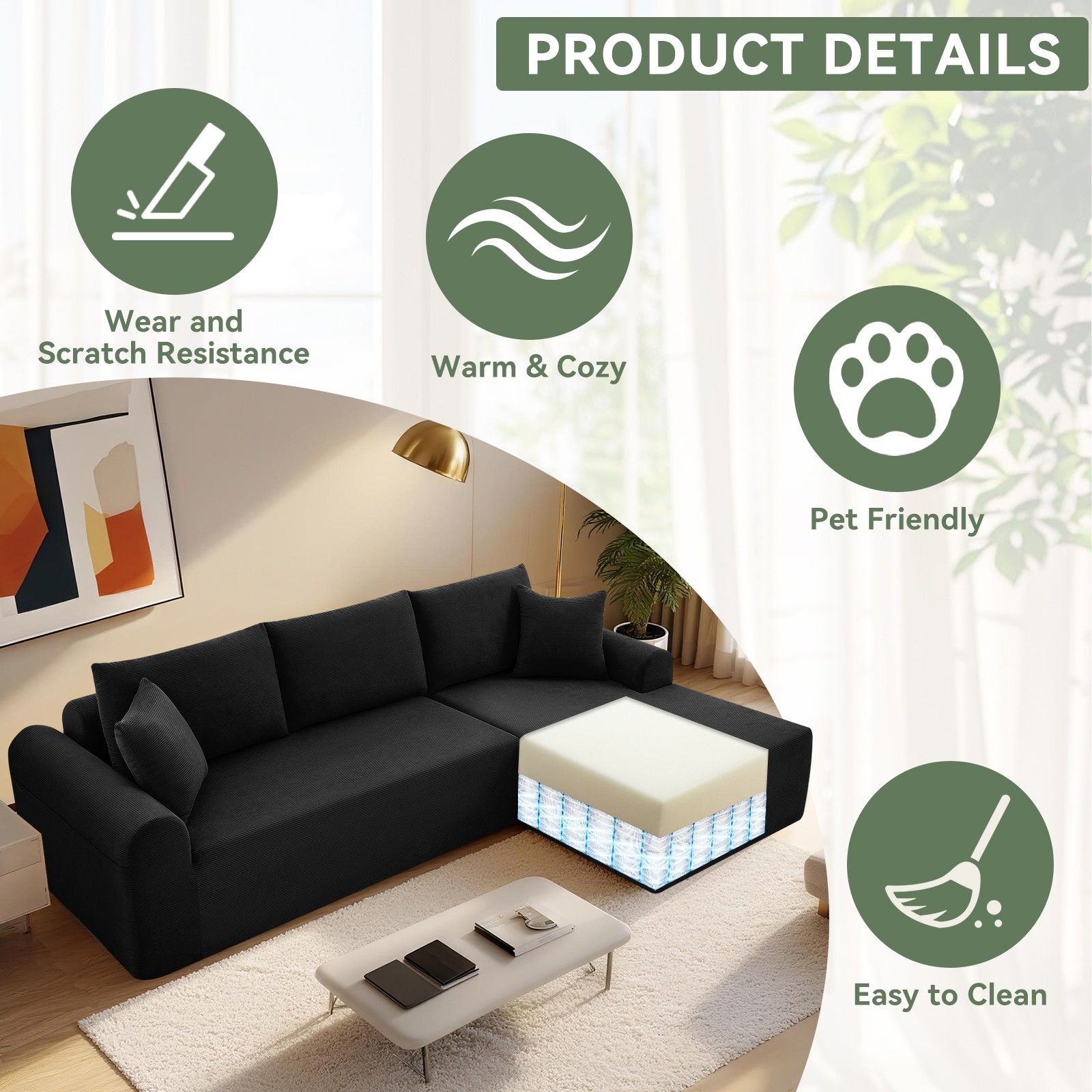Convertible Modular Sectional Sofa, L-Shaped Boneless Couch with Chaise Lounge