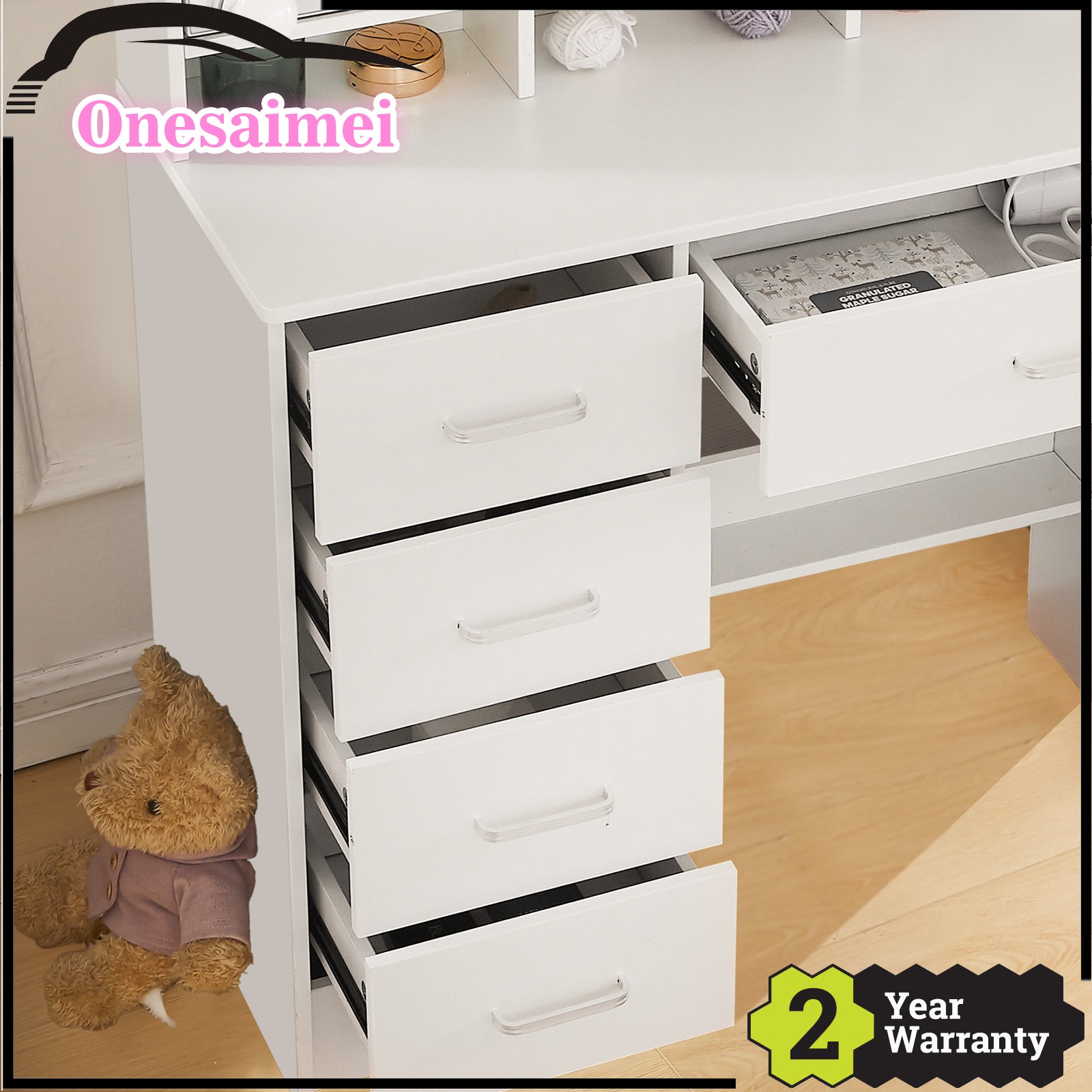 White Vanity Desk Set, Dressing Table, LED Sliding Mirror Drawers +Mutil Shelf