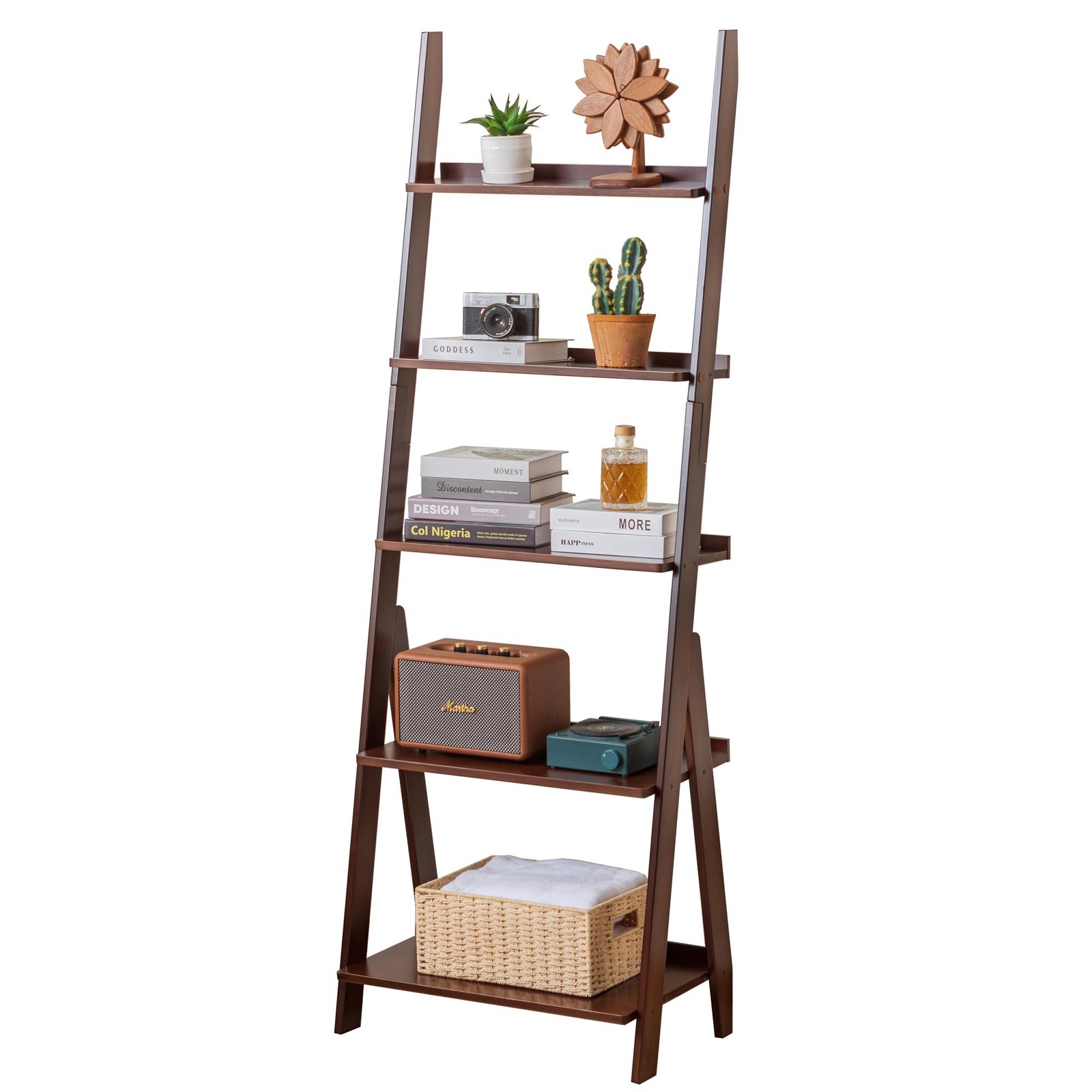 Ladder Shelf Bookcase, 5-Tier Leaning Bookshelf Free Standing Organizer Stora…