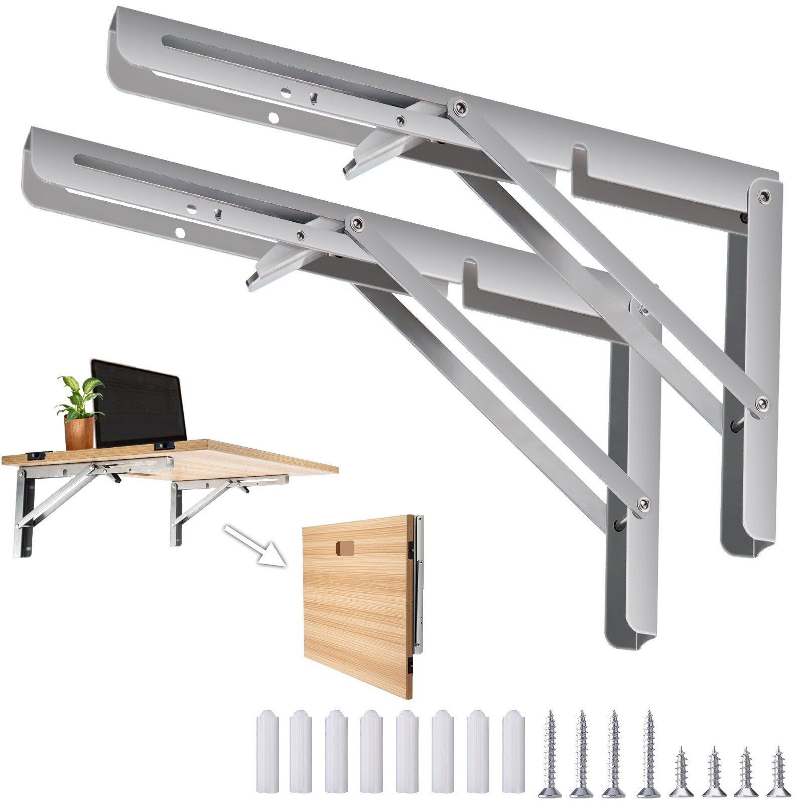 8-20″ Folding Shelf Brackets Wall Mounted Heavy Duty Triangle Shelf 2/4 Pack