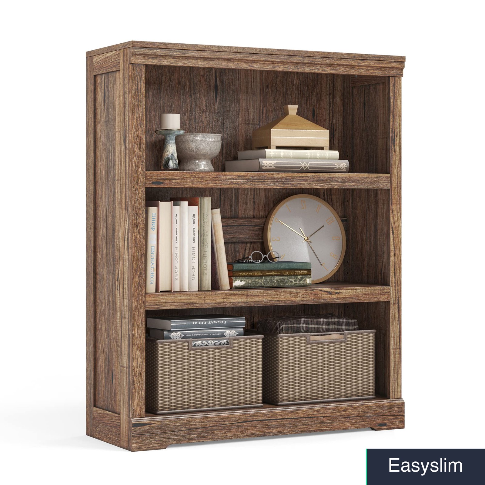 3-Tier Adjustable Farmhouse Bookshelf Dark Brown 31.2 x 39 Inches Wood