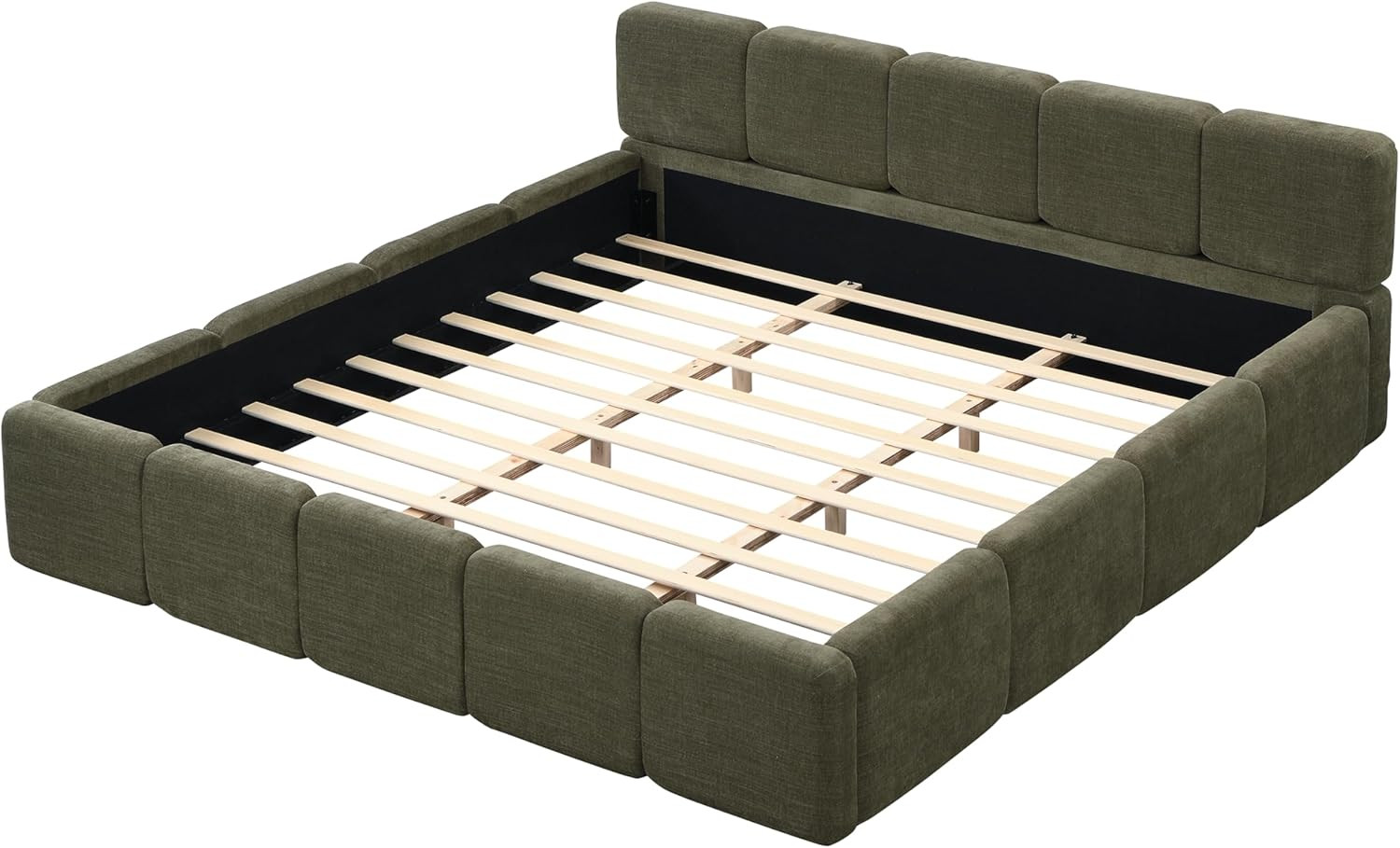 Luxurious King Size Green Boucle Platform Bed with Thick Headboard & Footboard