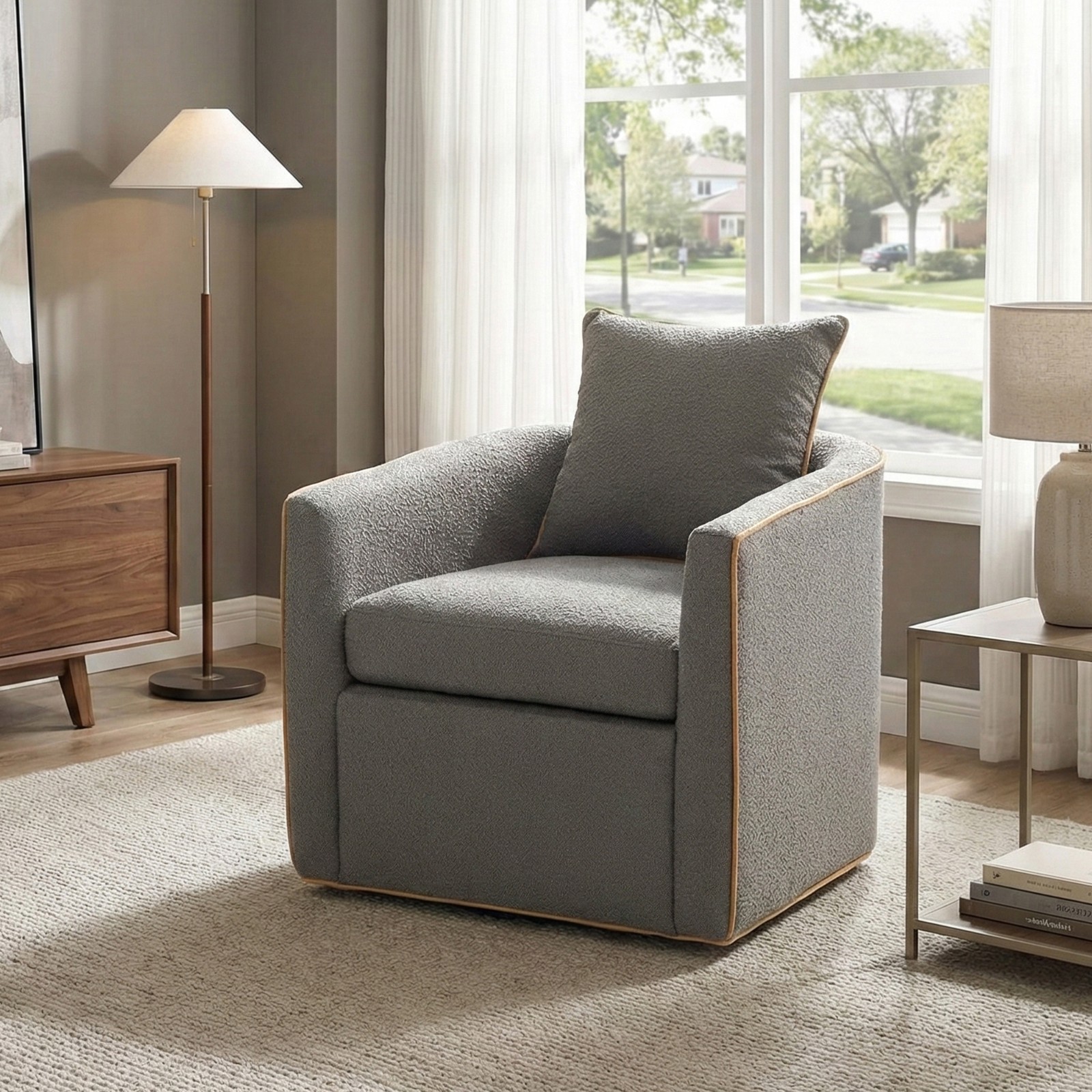 Swivel Accent Chair Bouclé Upholstered Barrel Sofa Chair Light Grey
