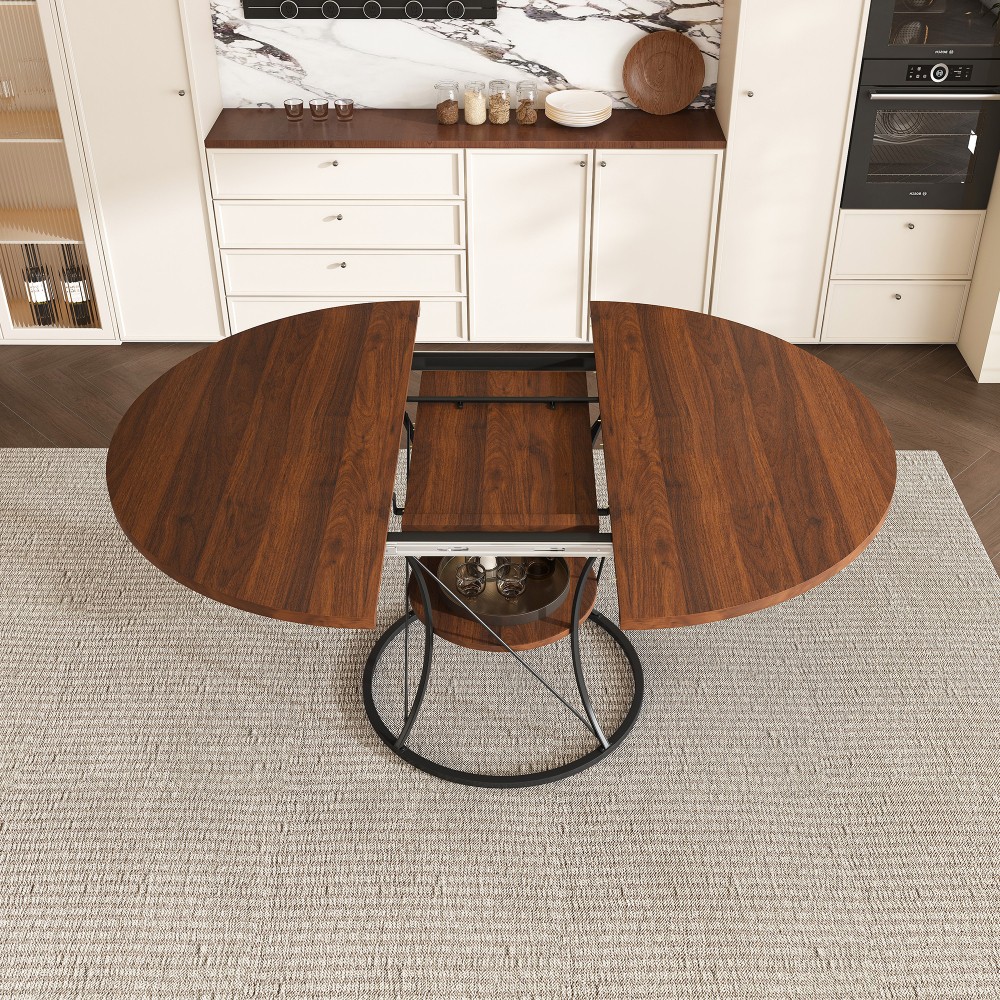 Round dining table, extendable, equipped with storage shelf and metal base