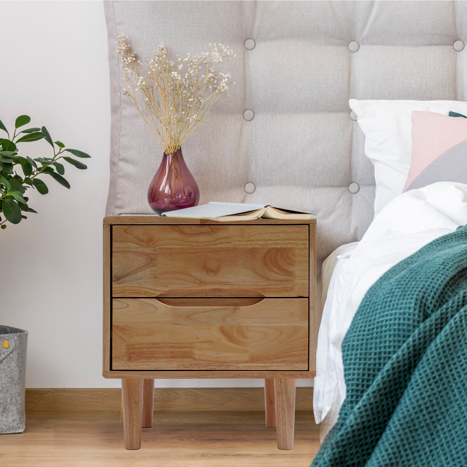 Modern Rubber Wood Nightstand with 2 Drawers for Stylish Bedroom Storage