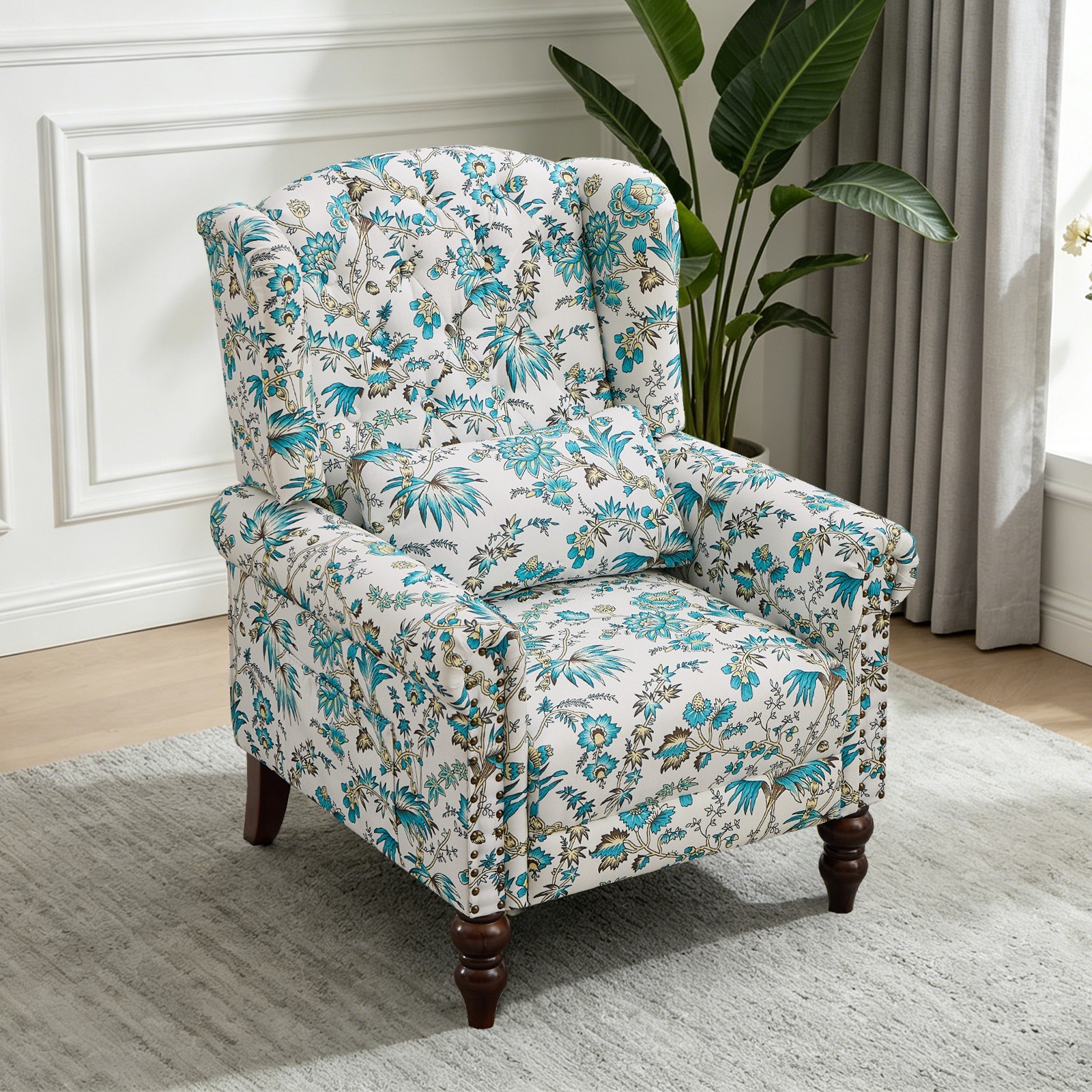 Wingback Armchair Upholstered Accent Sofa Chair with Lumbar Pillow&Side Pockets