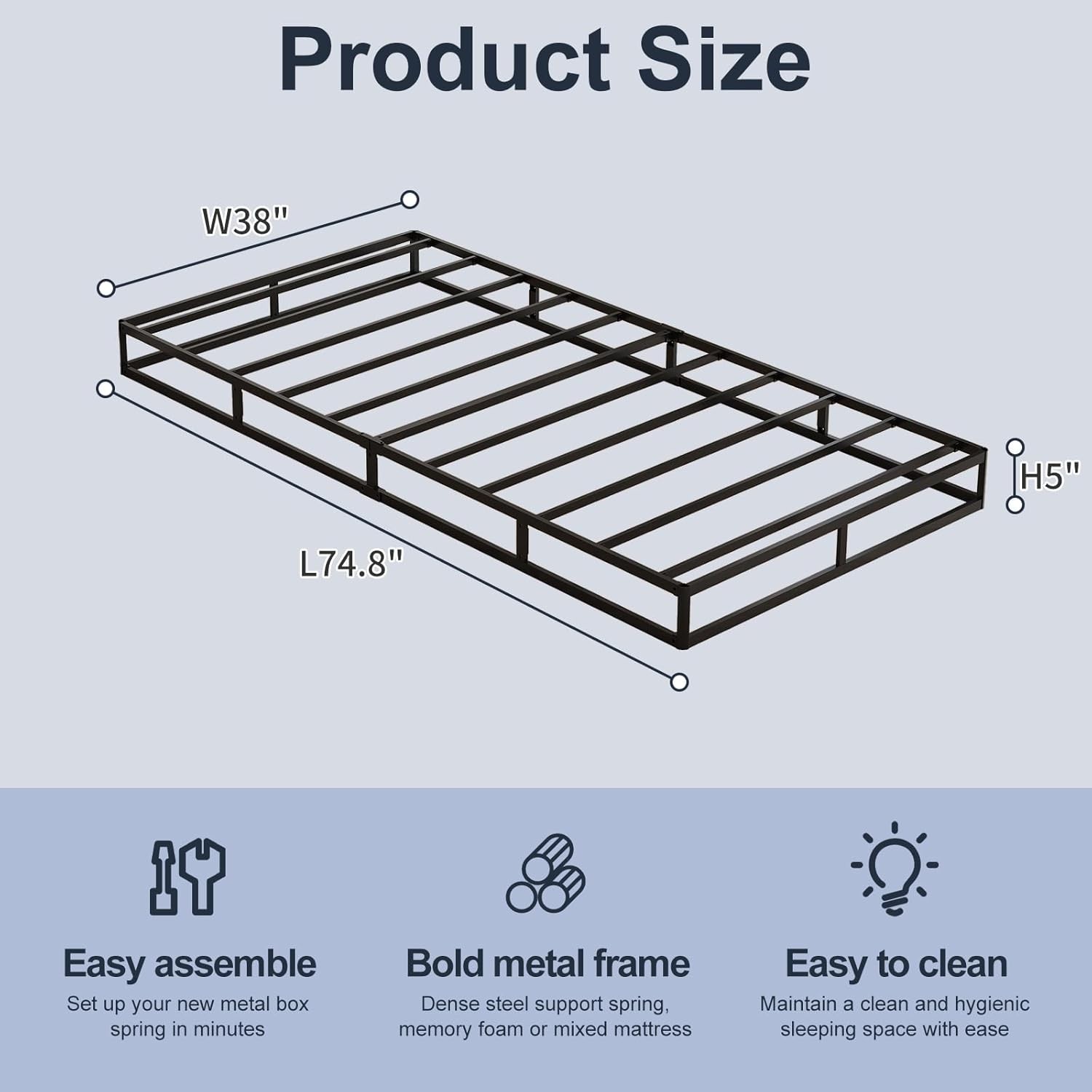 Box Spring, Metal Frame Mattress Foundation with Fabric Cover, Easy Assembly,