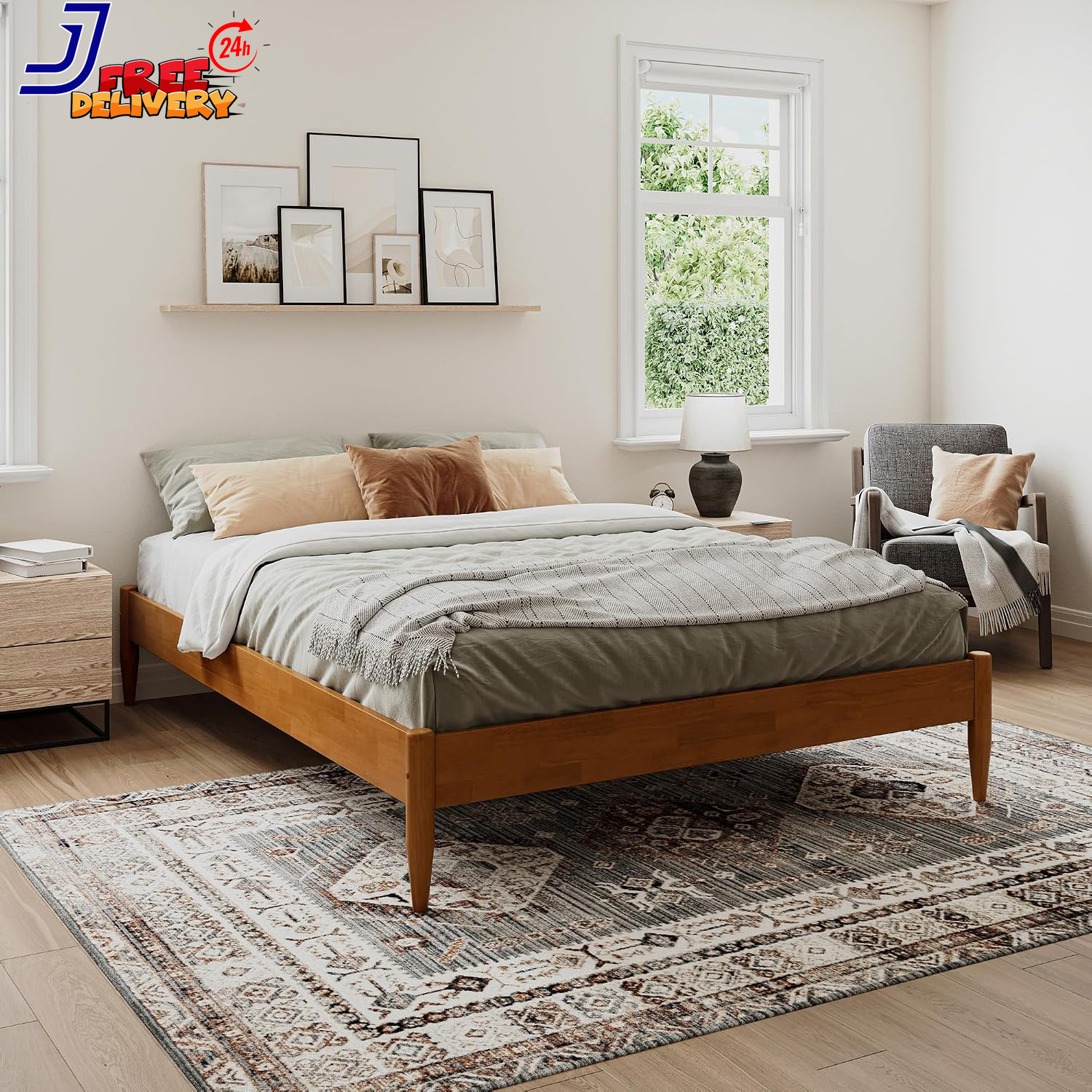 Mid Century Modern 12″ Queen Platform Bed in Light Toffee Finish