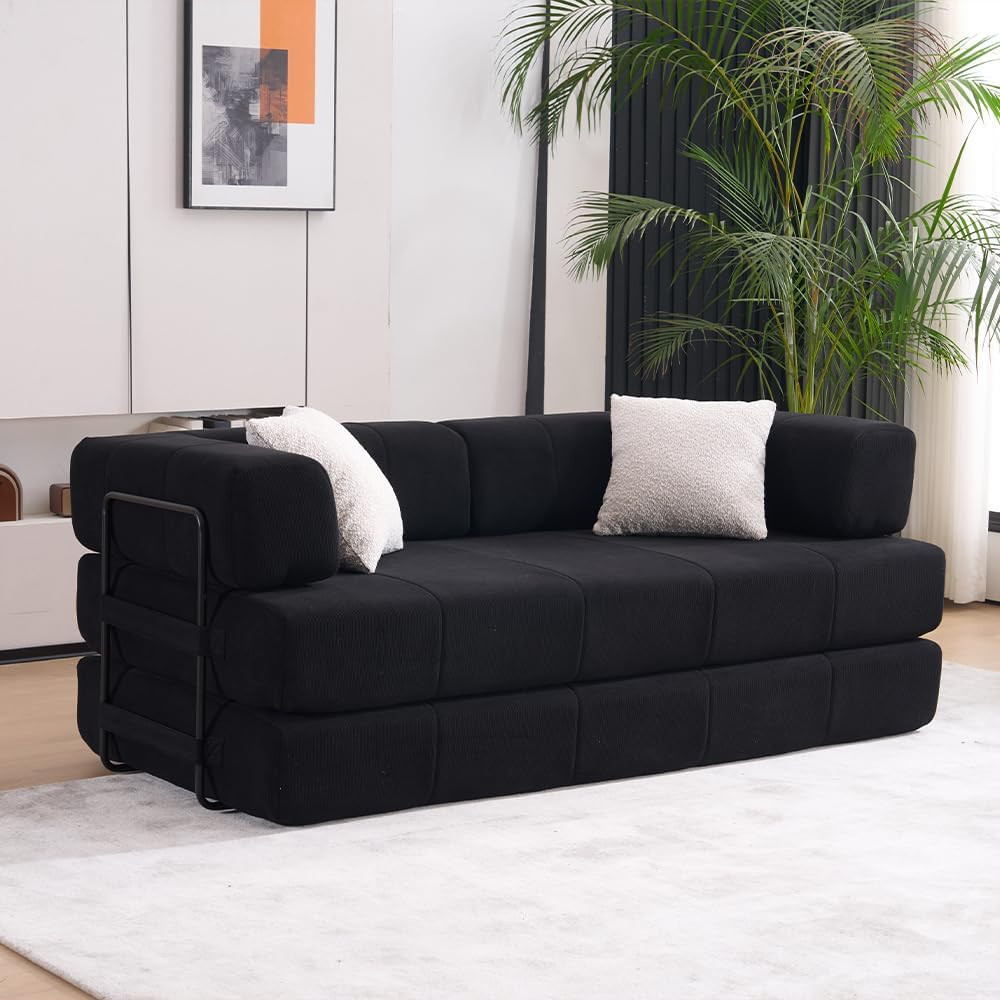 79.92″ Convertible Folding Sofa Bed with 2 Pillows, Black Futon Sleeper
