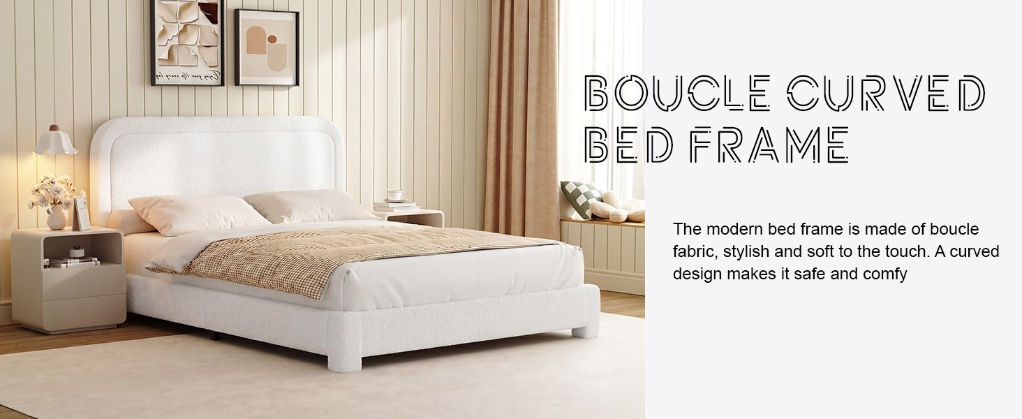 Full/Queen/King Upholstered Teddy Fabric Bed Frame with Adjustable Headboard