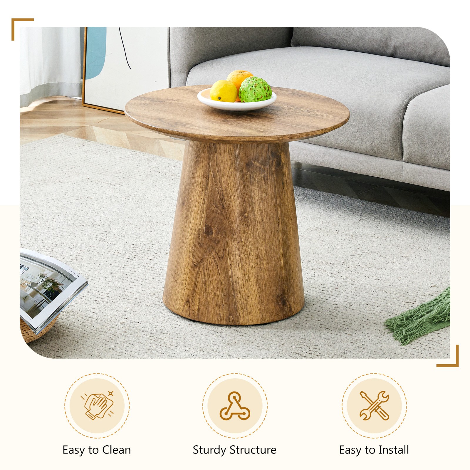 Round MDF Coffee Table 19.6″ Diameter 18.8″ H Natural Wood Grain