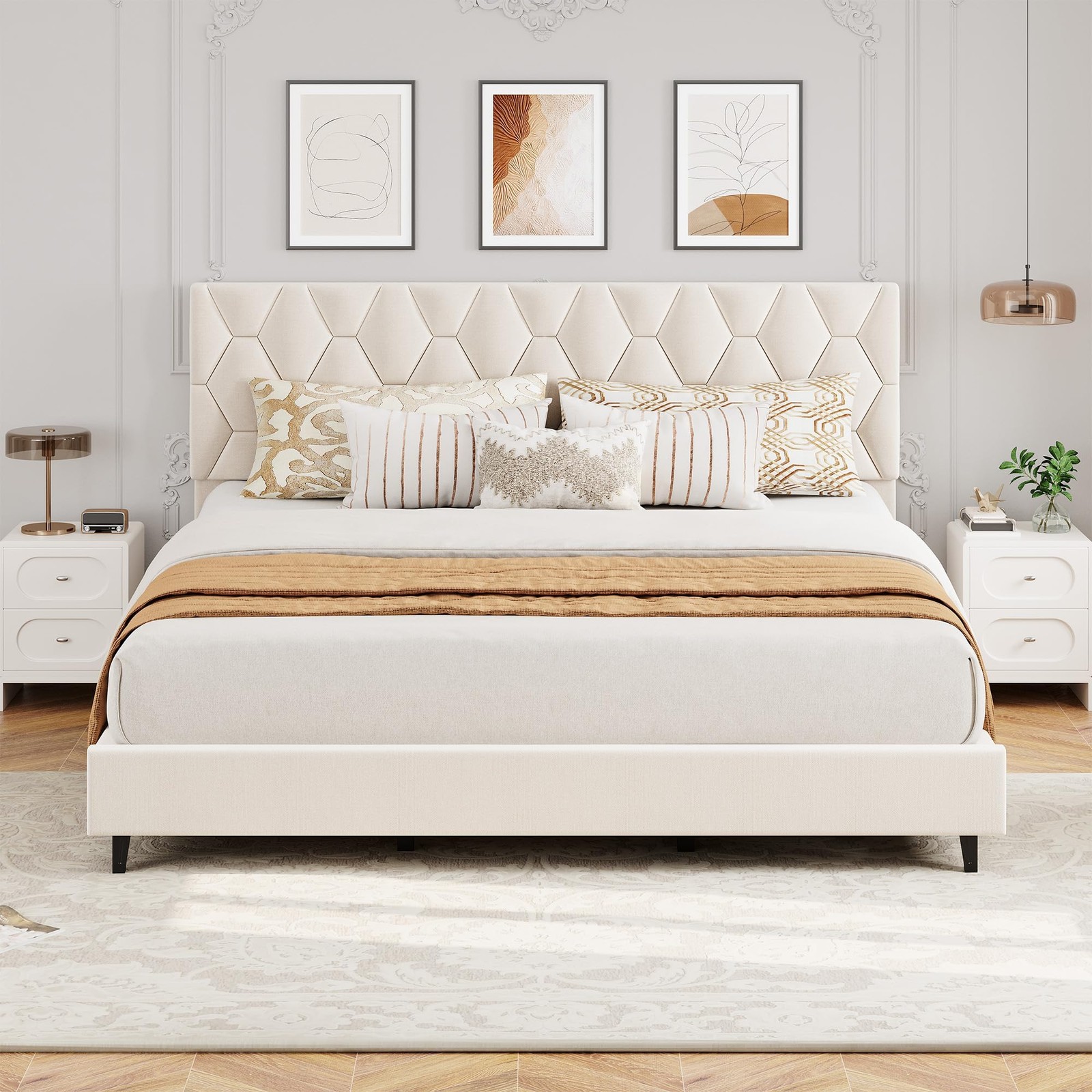 King Size Bed Frame with Adjustable Headboard ,Modern Upholstered Platform Bed