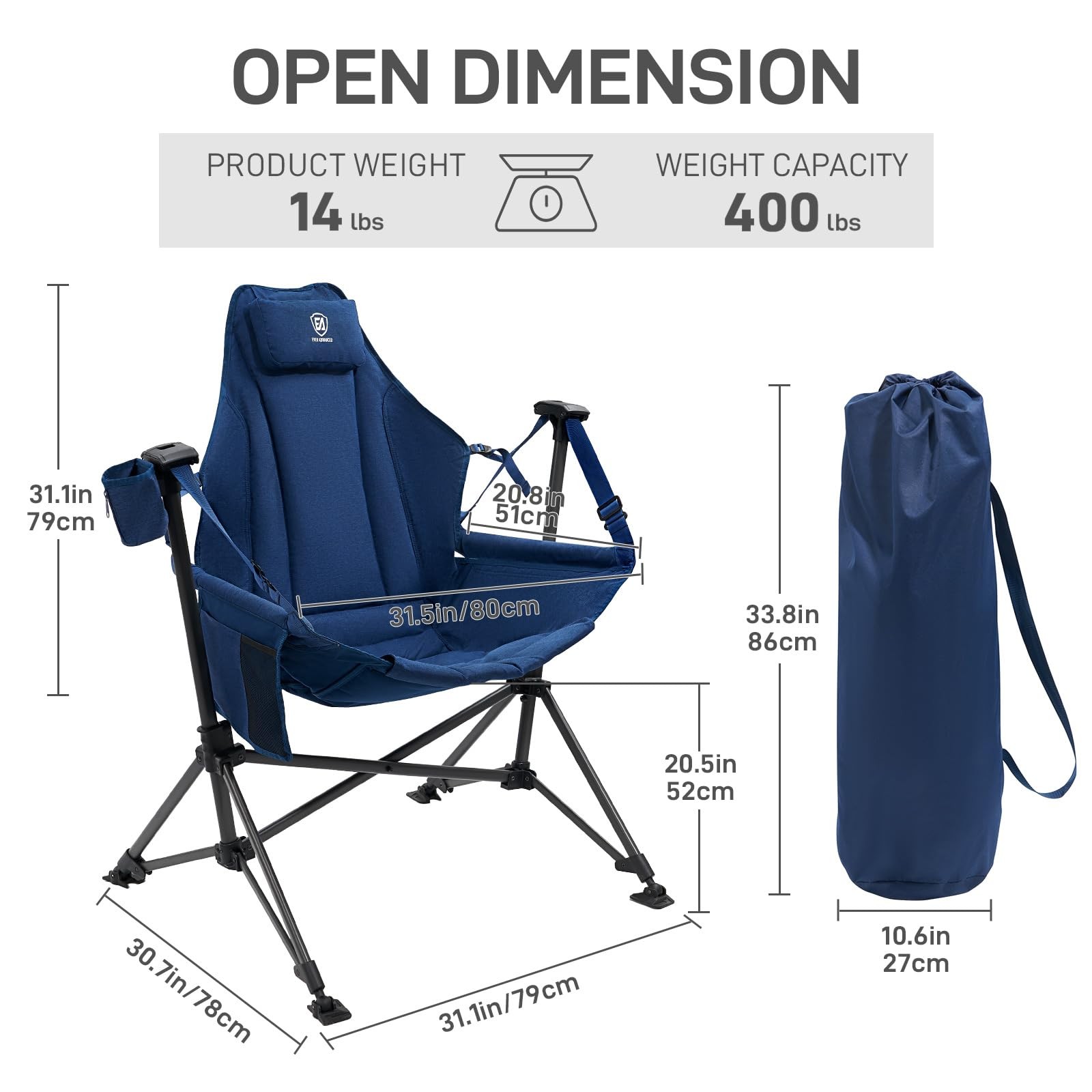 EVER ADVANCED Padded Hammock Camping Chair, 31in x 20in x 51in, Blue