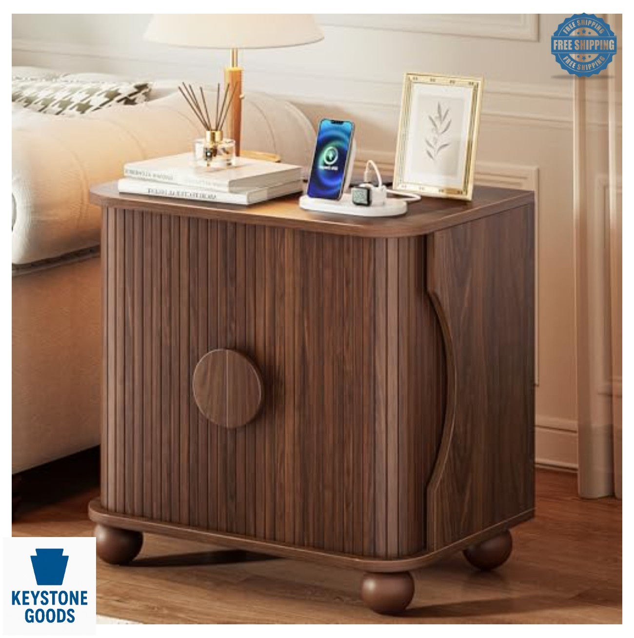 Square Nightstand with Charging Station Sliding Doors Engineered Wood for
