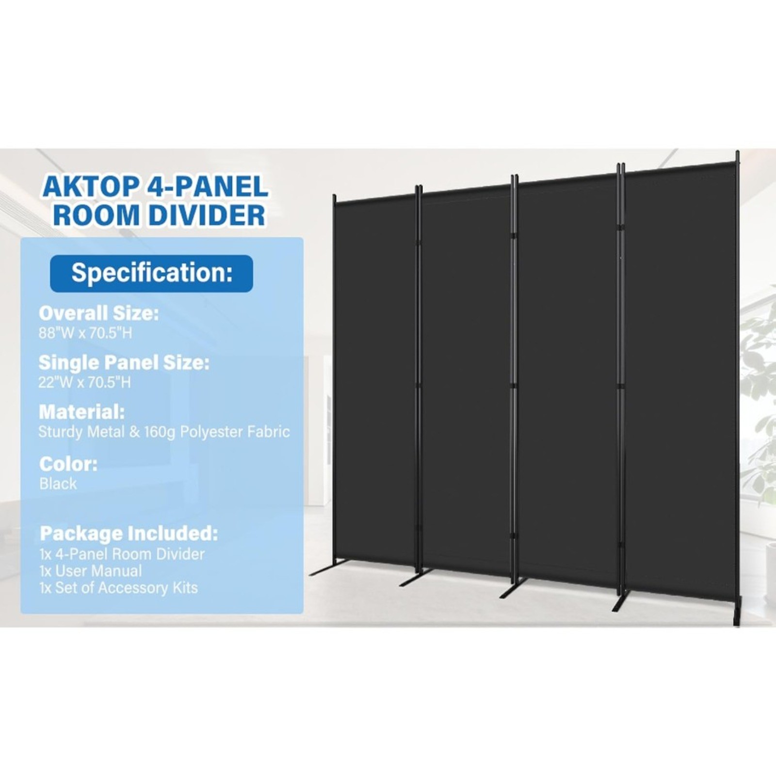 4 Panel Room Divider 6FT Home Wall Partition Screen Folding Divider Freestanding