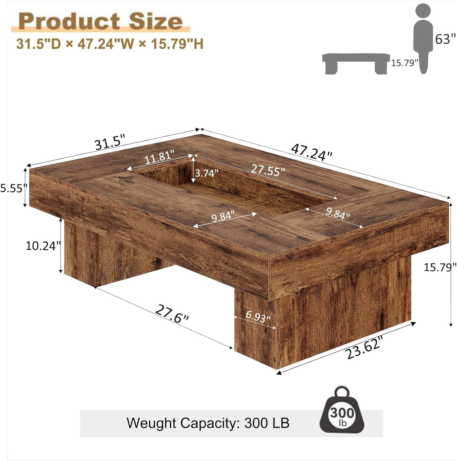 47 Inch Rustic Coffee Table with Storage LED Wood Center Table Large Wide