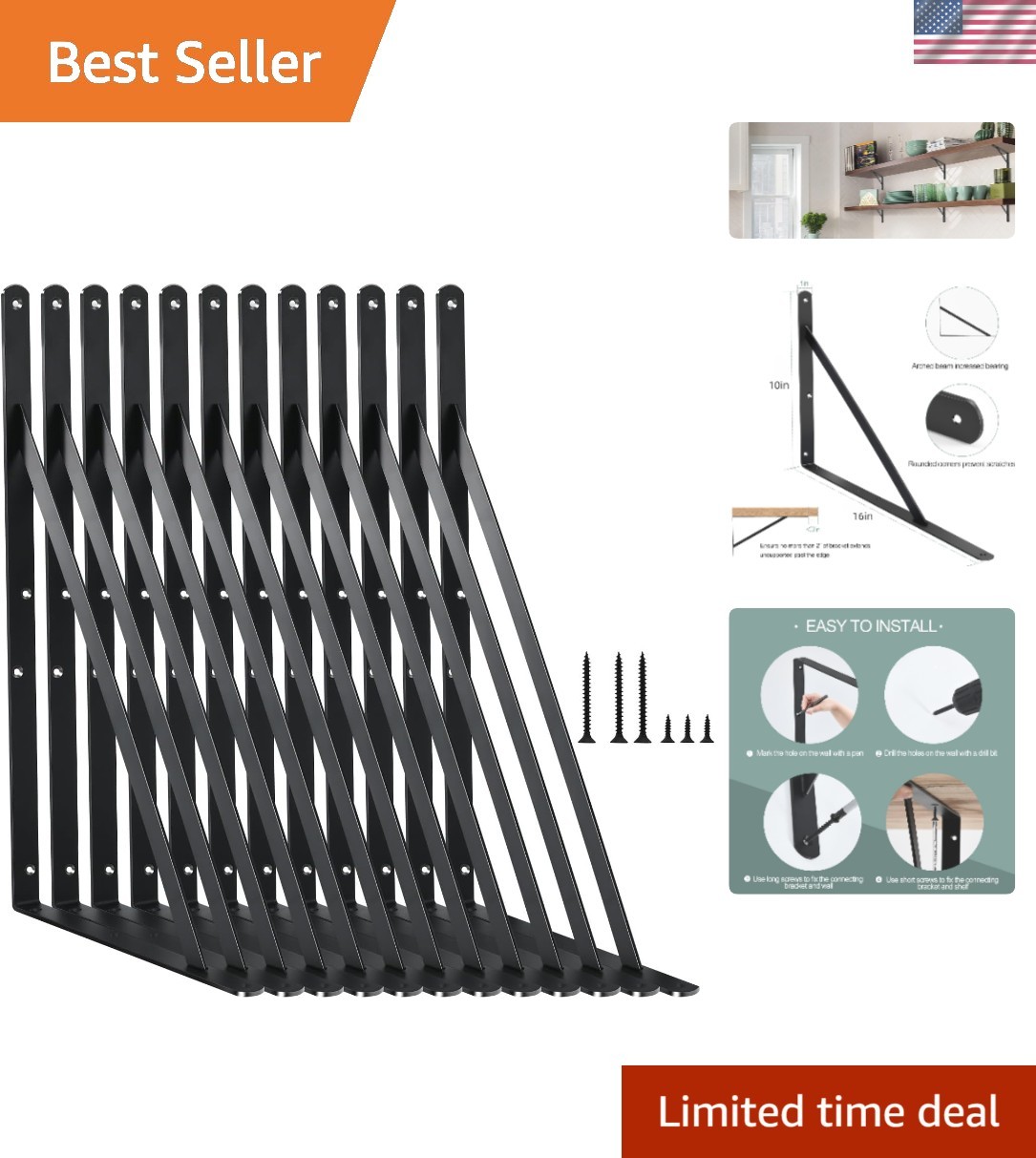12 Pack Heavy-Duty 16″x10″ Black Shelf Brackets – 240 lbs Support, Easy Install