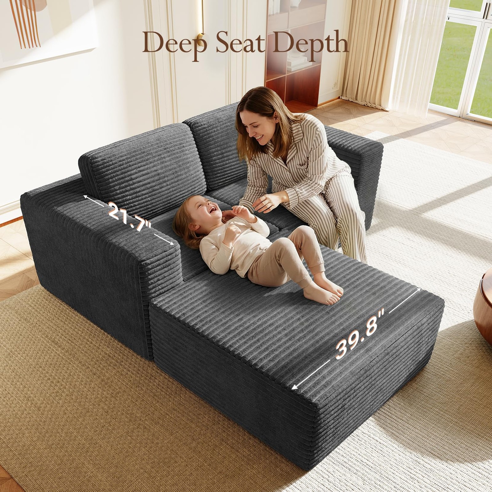 80 Modular Corduroy Cloud Couch Sectional Sofa Deep Seats L-Shaped Grey