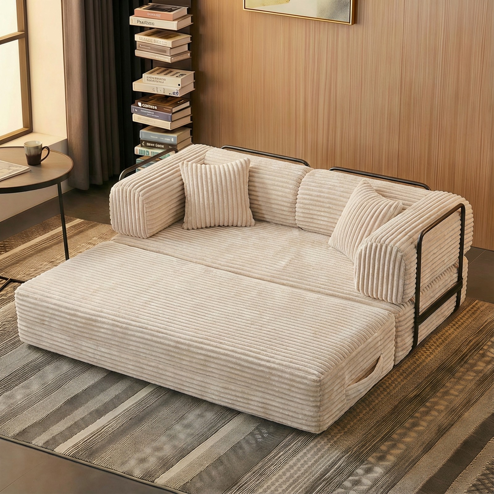 Compression Sofa Convertible Floor Sleep Bed Modular Sectional Corduroy Beige
