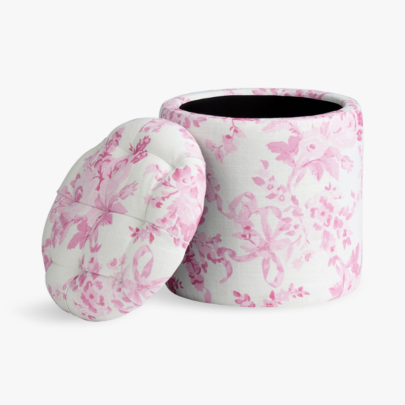LoveShackFancy Garden Damask Blue Tufted Round Storage Ottoman Pink