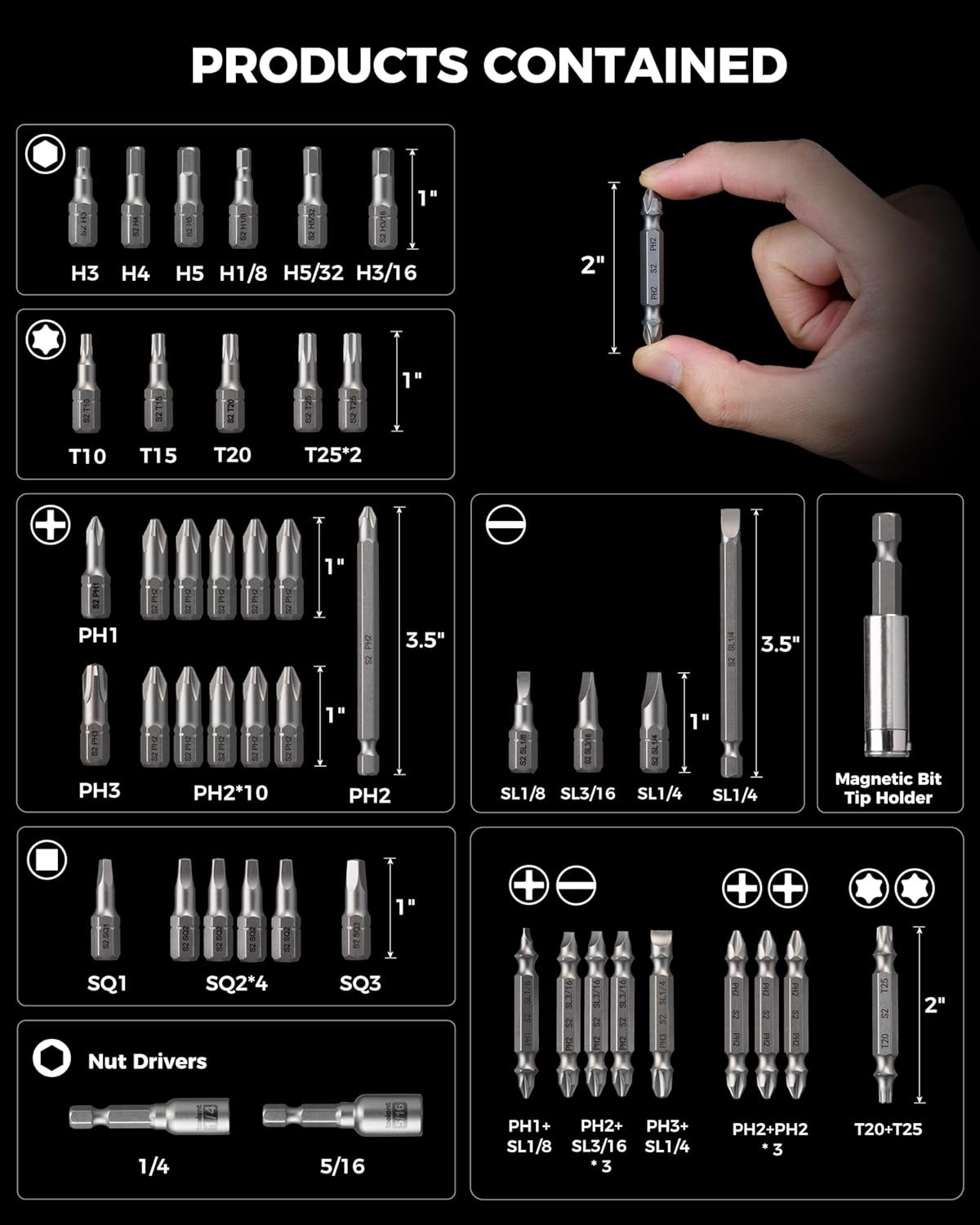 46-Piece Screwdriver Bit Set (S2 Steel), Sae/Metric Hex & Torx Bits for Furnitur