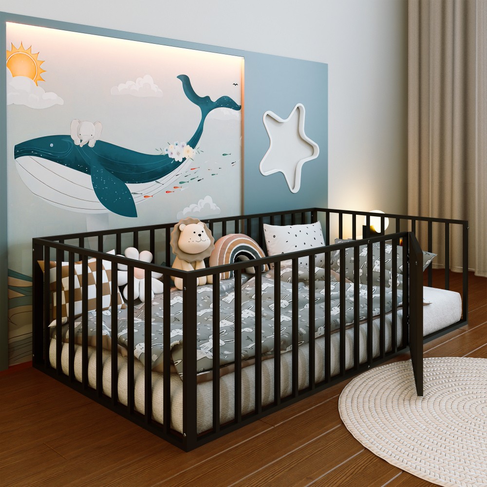 Twin Metal Montessori Floor Bed with Rails, Low-Profile Montessori Bed Frame