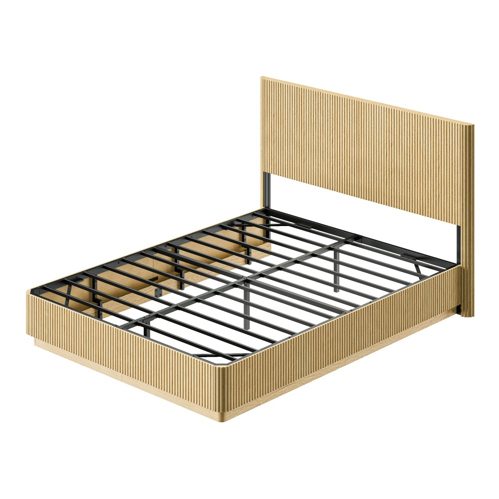 Queen Size Bed Frame with LED Lights, Modern Wooden Corrugated Curved Lines