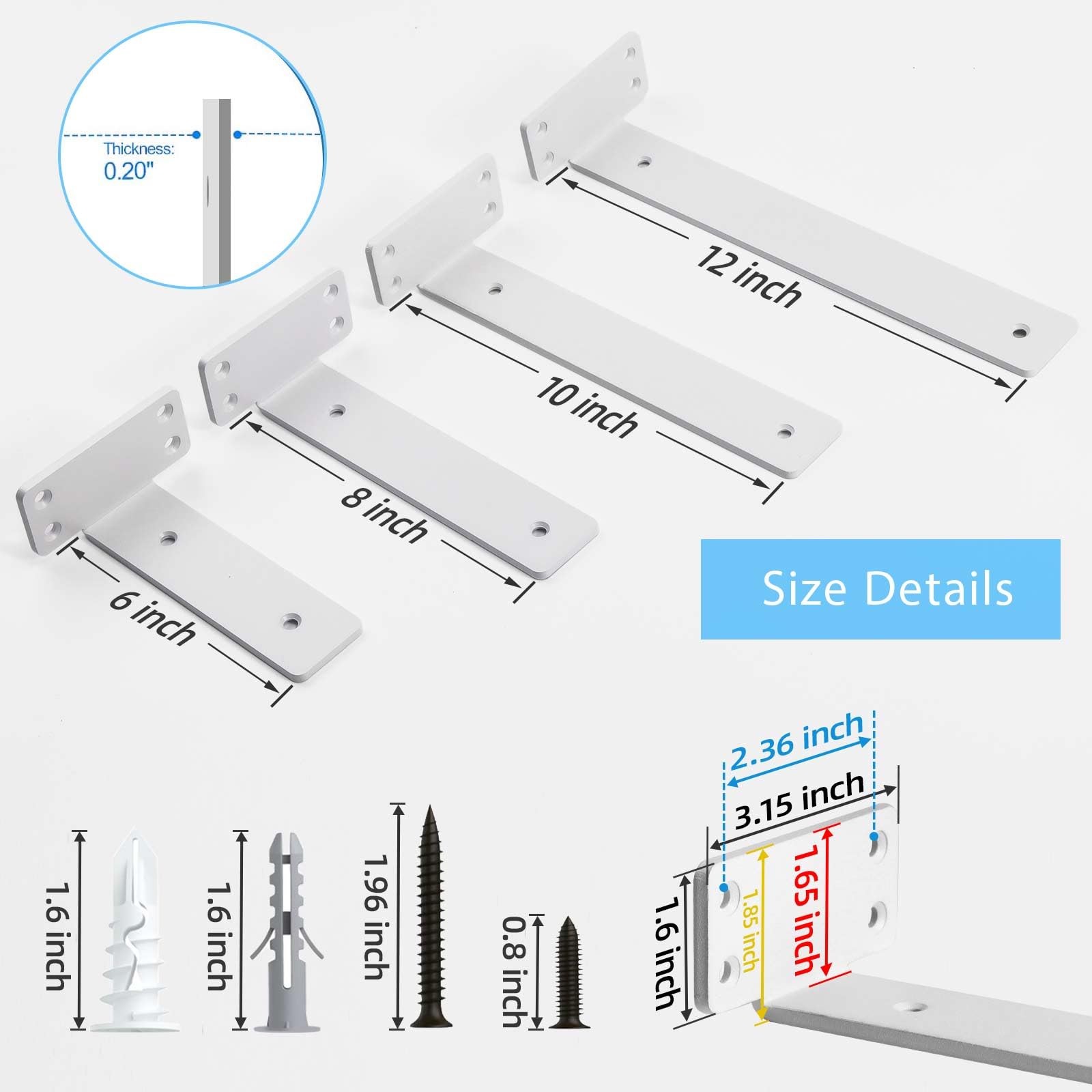 Shelf Brackets 8-Inch Long 1/5-Inch Thick 6-Pack – 160 lb Load Capacity, Matte