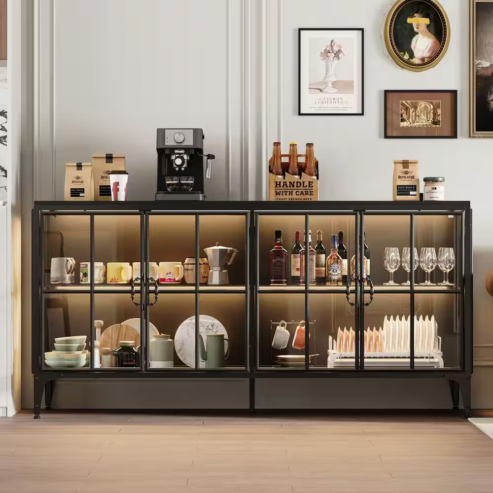 Black 31.5 In. H Wood and Metal Accent Cabinet, Sideboard, Bookcase with 4 Shelv