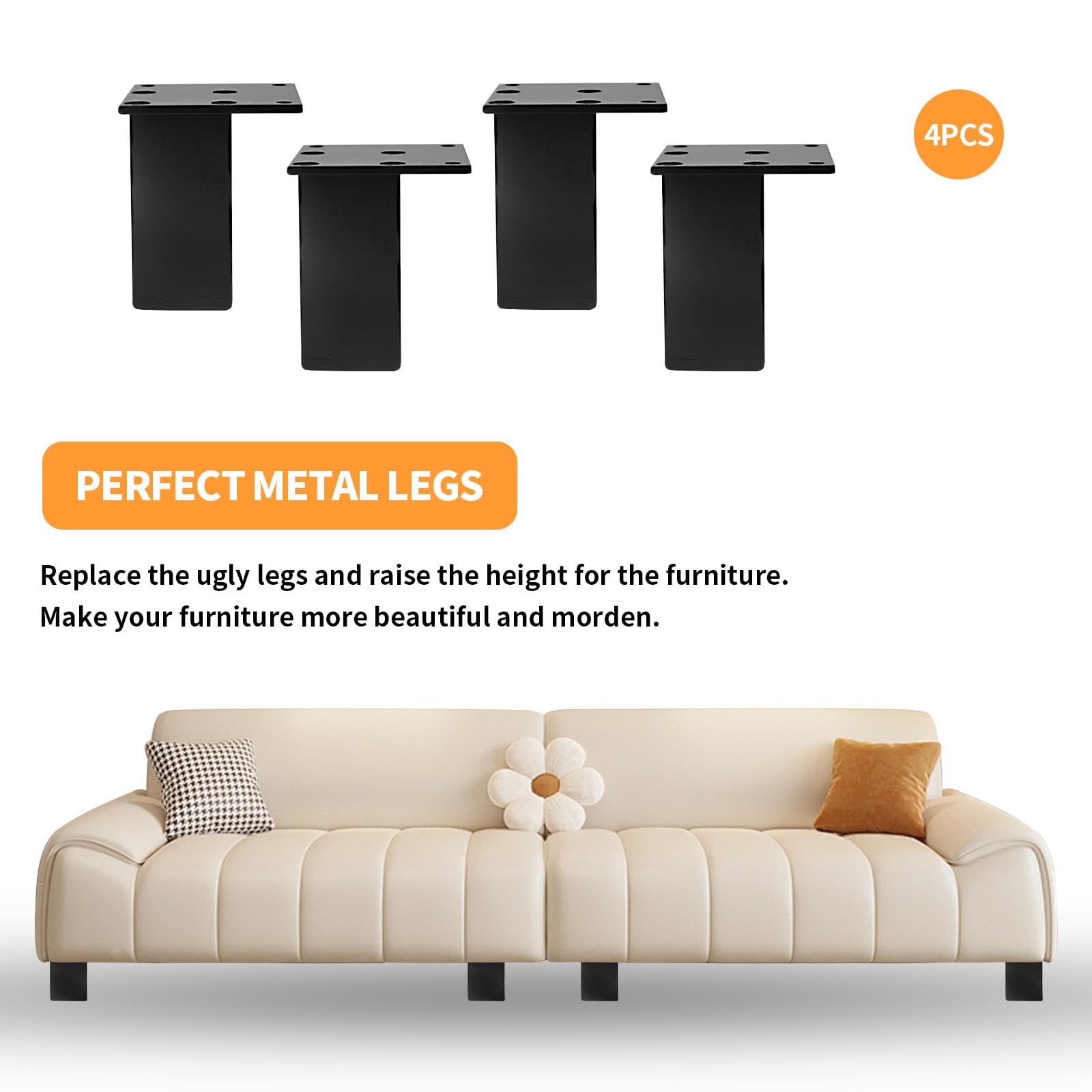 4 PCS 3 Inch Square Metal Furniture Legs Cabinet Support Foot Black Sofa
