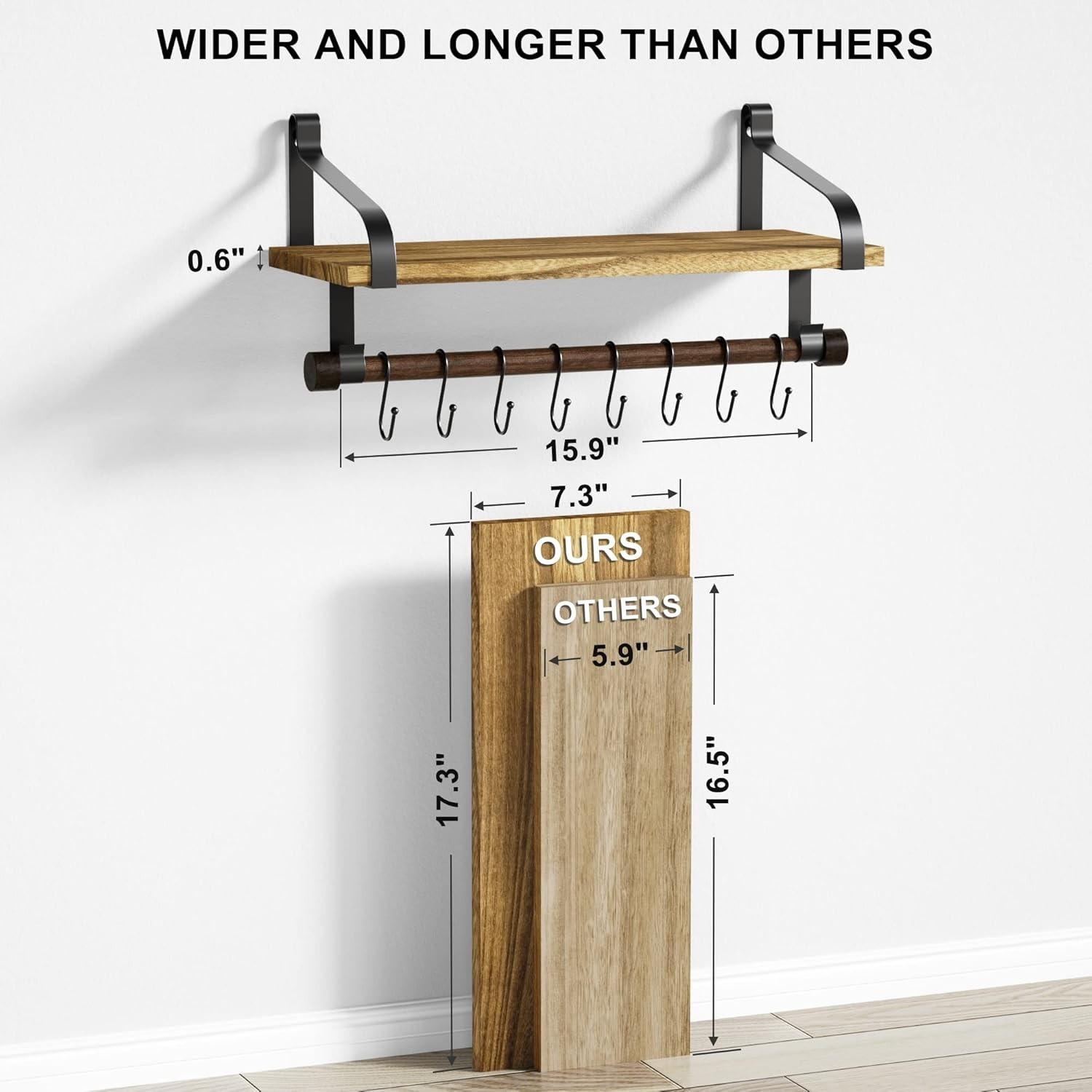 Rustic Black Floating Wall Shelf with Hooks, Towel Bar, 17×8.7 Inches