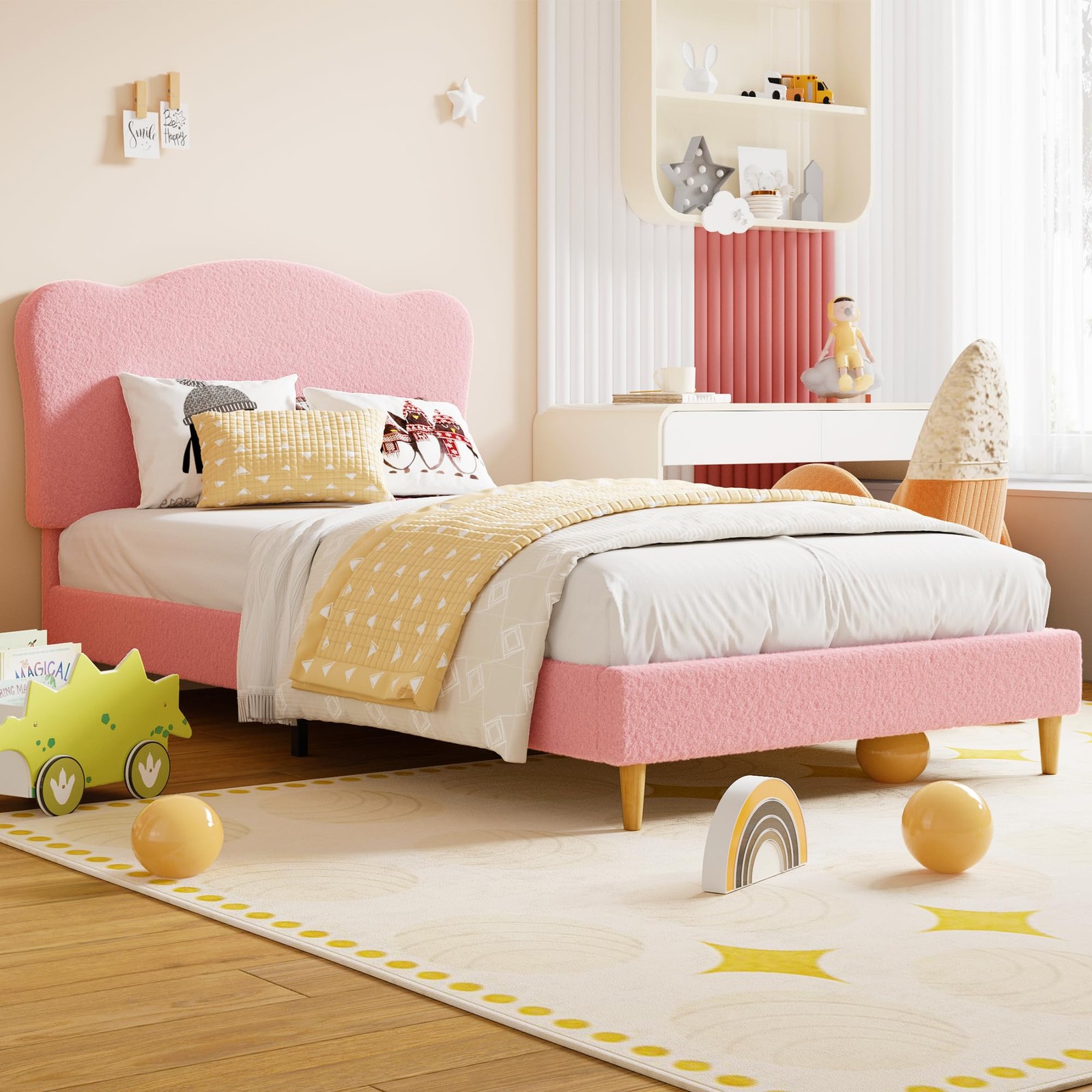 Twin Size Bed Frame Headboard ,Kids Upholstered Sturdy Platform Bed Frame ,Pink