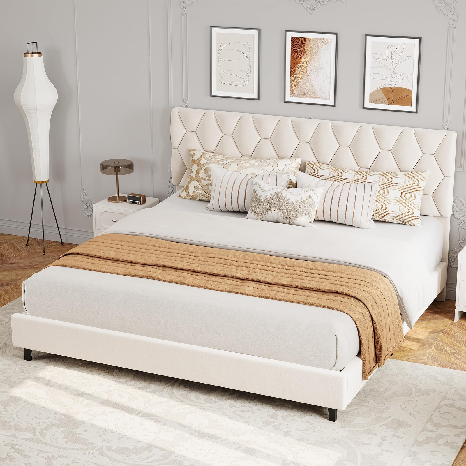 King Size Bed Frame with Adjustable Headboard ,Modern Upholstered Platform Bed