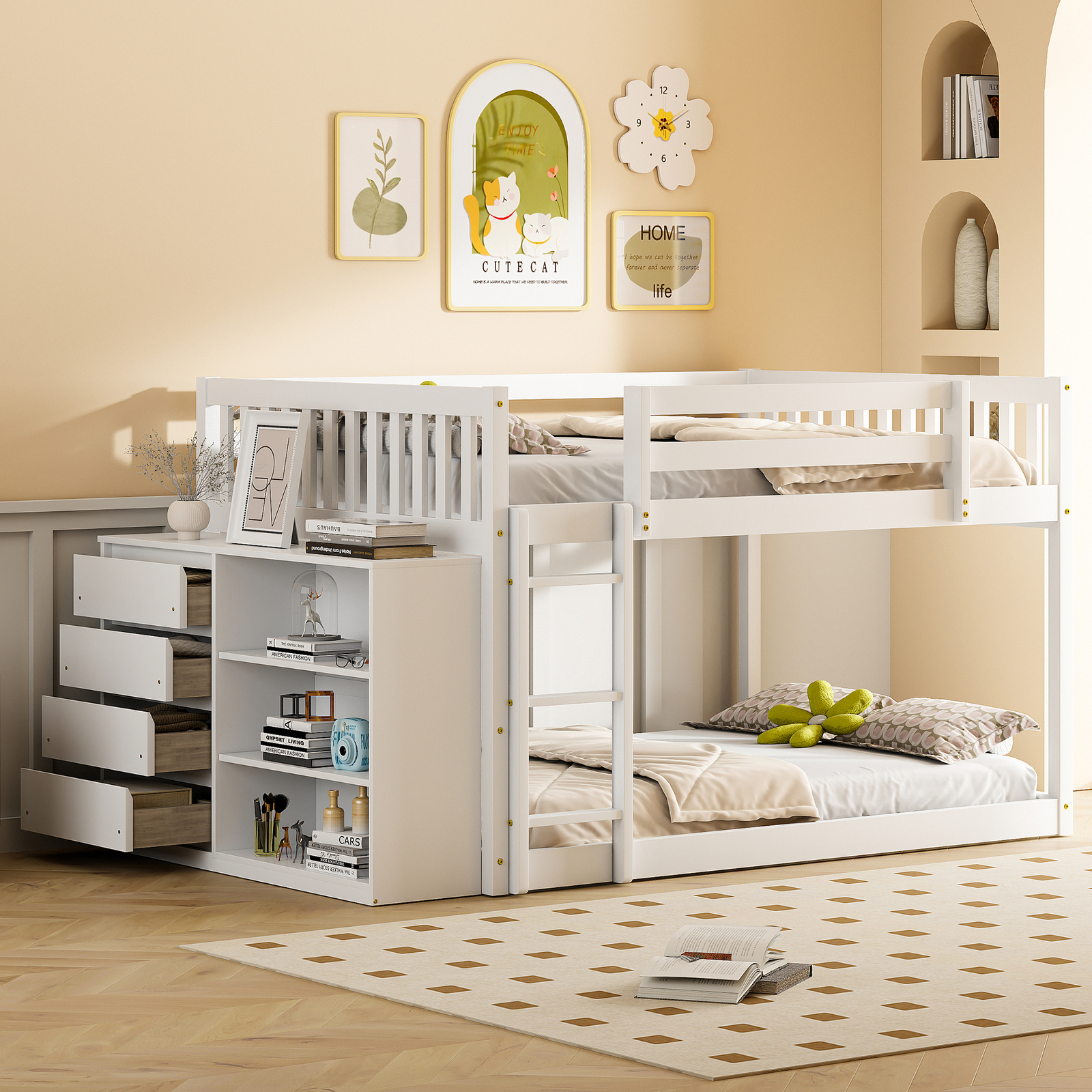 Full Over Full Bunk Bed Wood Bunk Bed Frame w/ 4 Drawers & 3 Shelves & Ladders
