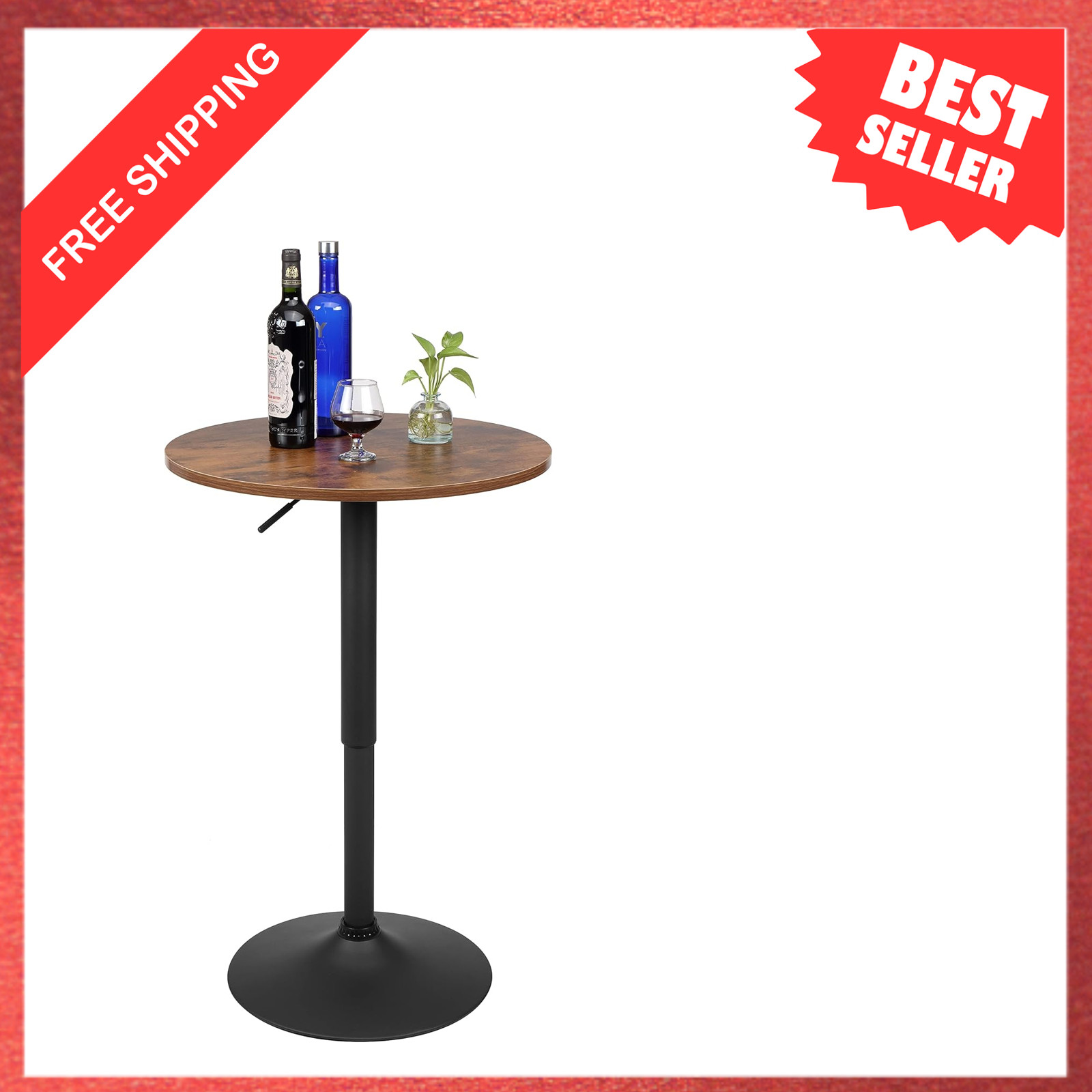 23.6 Inch Round Cocktail Bar Table with Metal Base Adjustable Height 27.9 to