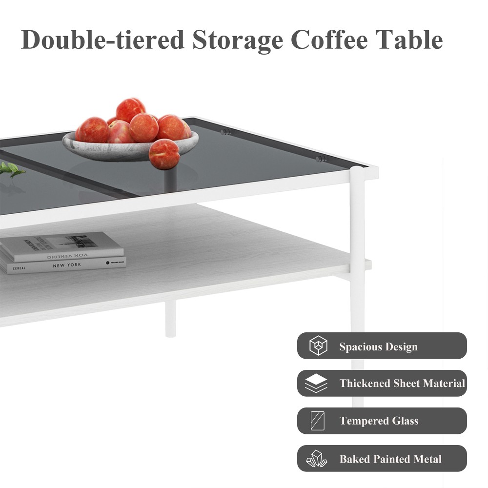 Coffee Table with Side Table Tempered Glass Top Smooth Edges MDF Base Iron Legs