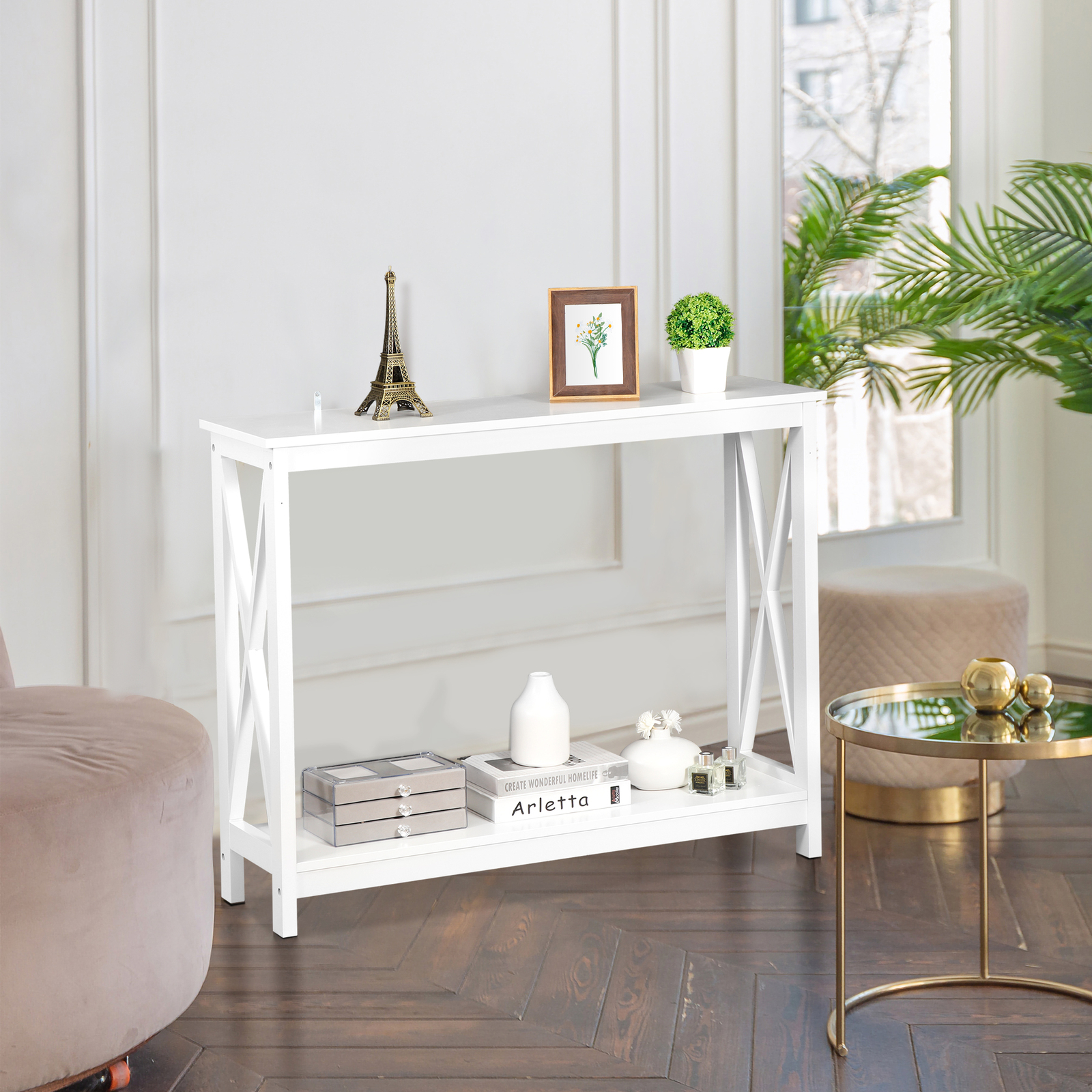 ZenSports 2-Tier Narrow Console Table for Entryway Modern Accent Sofa White